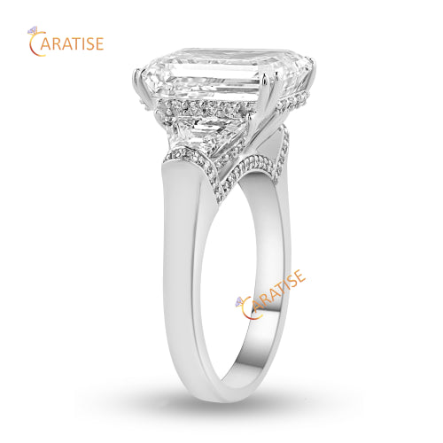 6.53 TDW Emerald, trapezoid & Round Cut Diamond Ring 925 Silver