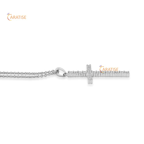0.35 TDW Round Cut Diamond Cross Pendant With Chain 925 Silver