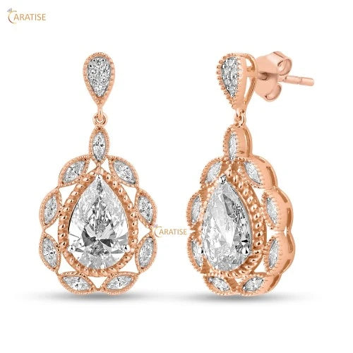 7.414 TDW Pear,Marqise& Round Cut Diamond Pendant and Earring With Chain 925 Silver