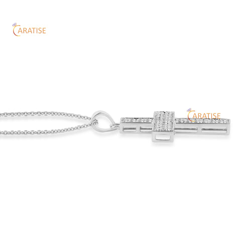 0.58 TDW Round Cut Diamond Cross Pendant With Chain 925 Silver
