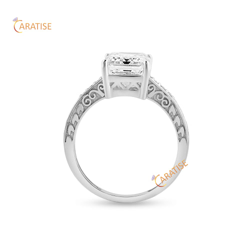 3.78 TDW Emerald & Round Cut Moissanite Diamond Ring 925 Silver