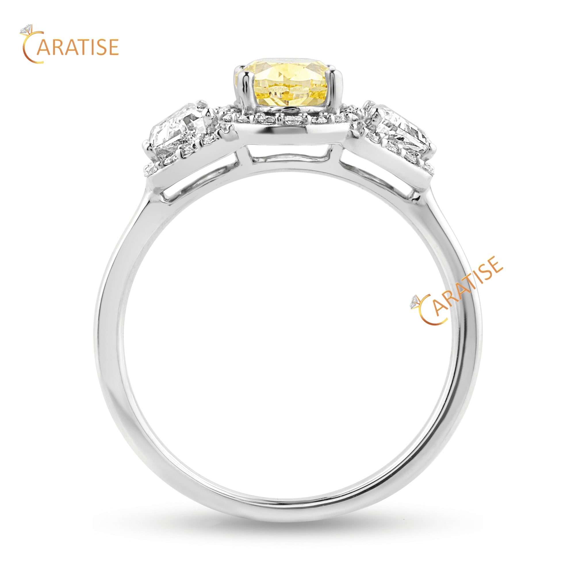 2.29 TDW Fancy Yellow Oval ,Trapezoid & Round Cut Diamond Engagement Ring 925 Silver