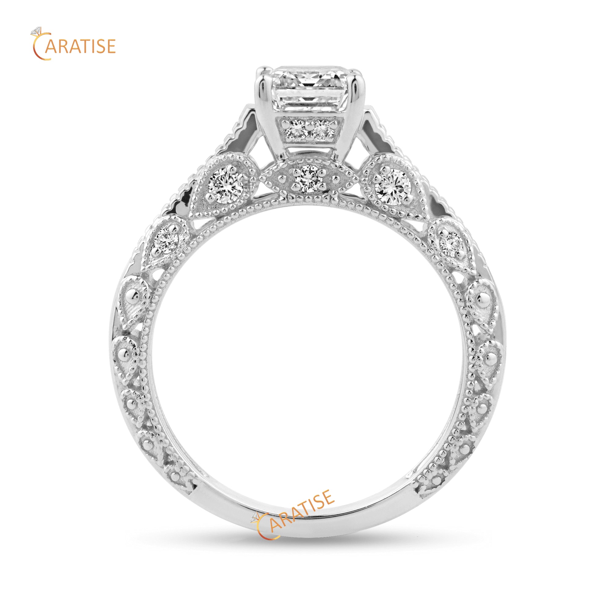 2.35 TDW Emerald, Princess & Round Cut Moissanite Diamond Engagement Ring 925 Silver