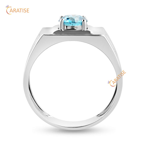 1.09 TDW Fancy Blue Round Cut Moissanite Diamond Men's Engagement Ring 925 Silver