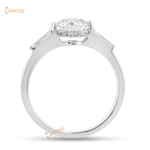 1.34 TDW Round & Baguette Cut Moissanite Diamond Halo Ring 925 Silver