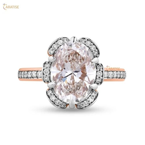 3.32 TDW Oval & Round Cut Diamond Solitaire Ring 925 Silver