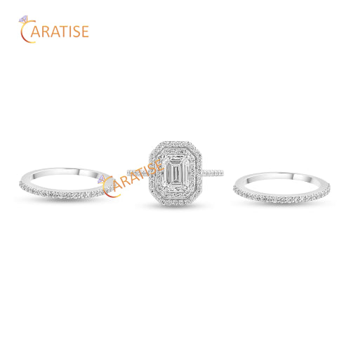 1.474 TDW Emerald & Round Cut Diamond Halo Ring 925 Silver