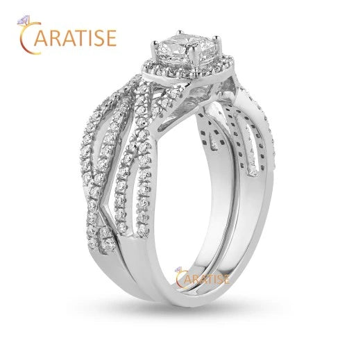 0.91 TDW Cushion & Round Cut Diamond Ring with Band 925 Silver