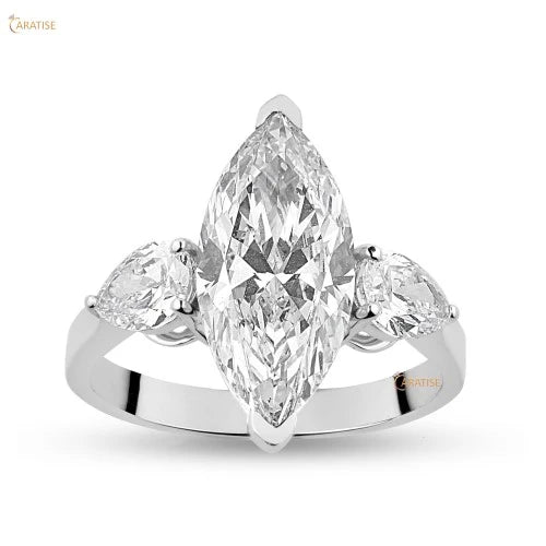 3.61 TDW Marquise & Pear Cut Diamond Three Stone Ring 925 Silver