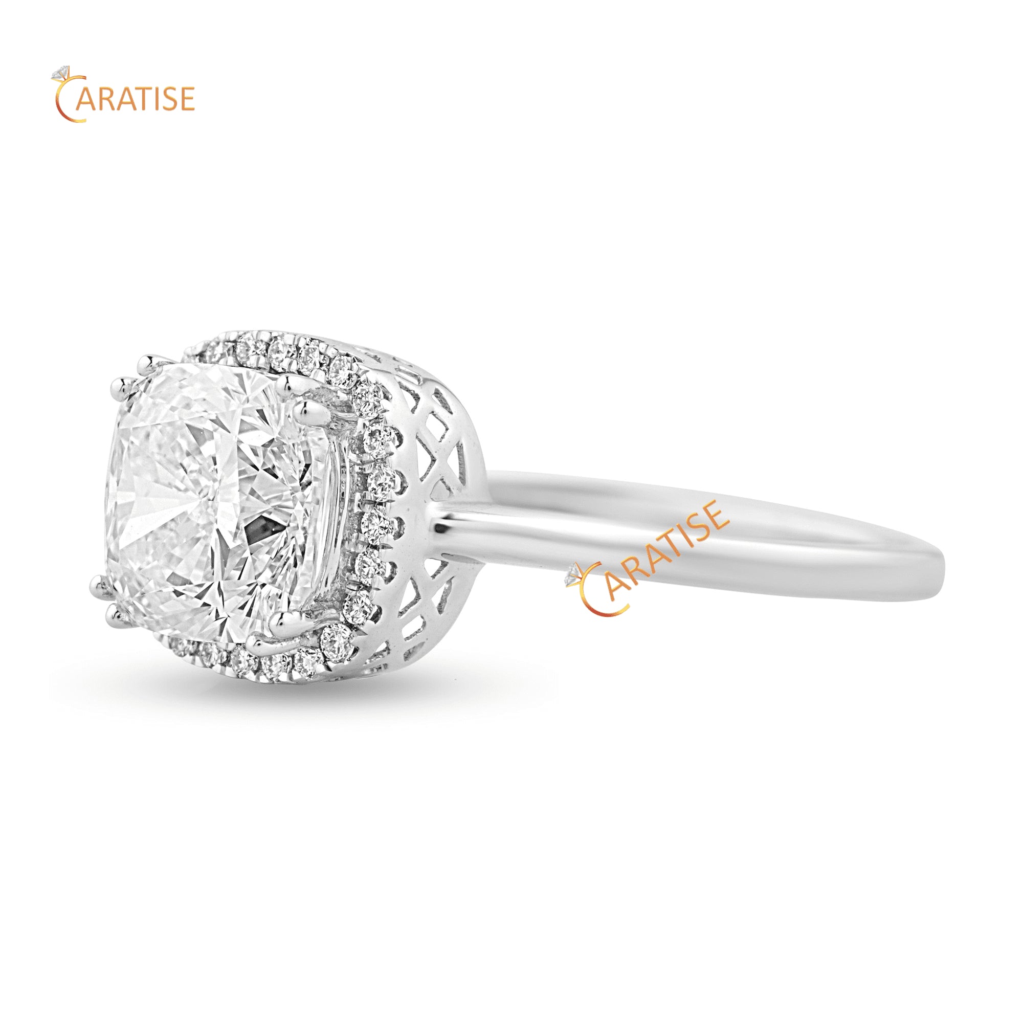 1.75 TDW Cushion & Round Cut Halo Pattern Diamond Ring 925 Silver