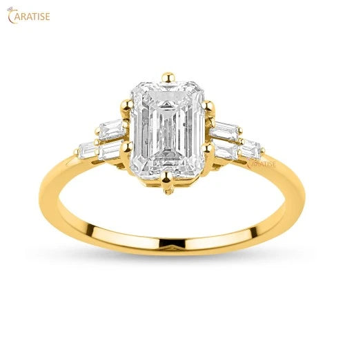 1.33 TDW Emerald & Baguette Cut Diamond Engagement Ring 925 Silver