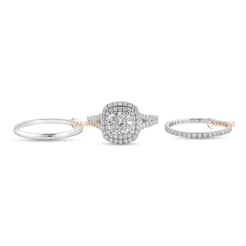 1.79 TDW Cushion & Round Cut Moissanite Diamond Halo Ring 925 Silver
