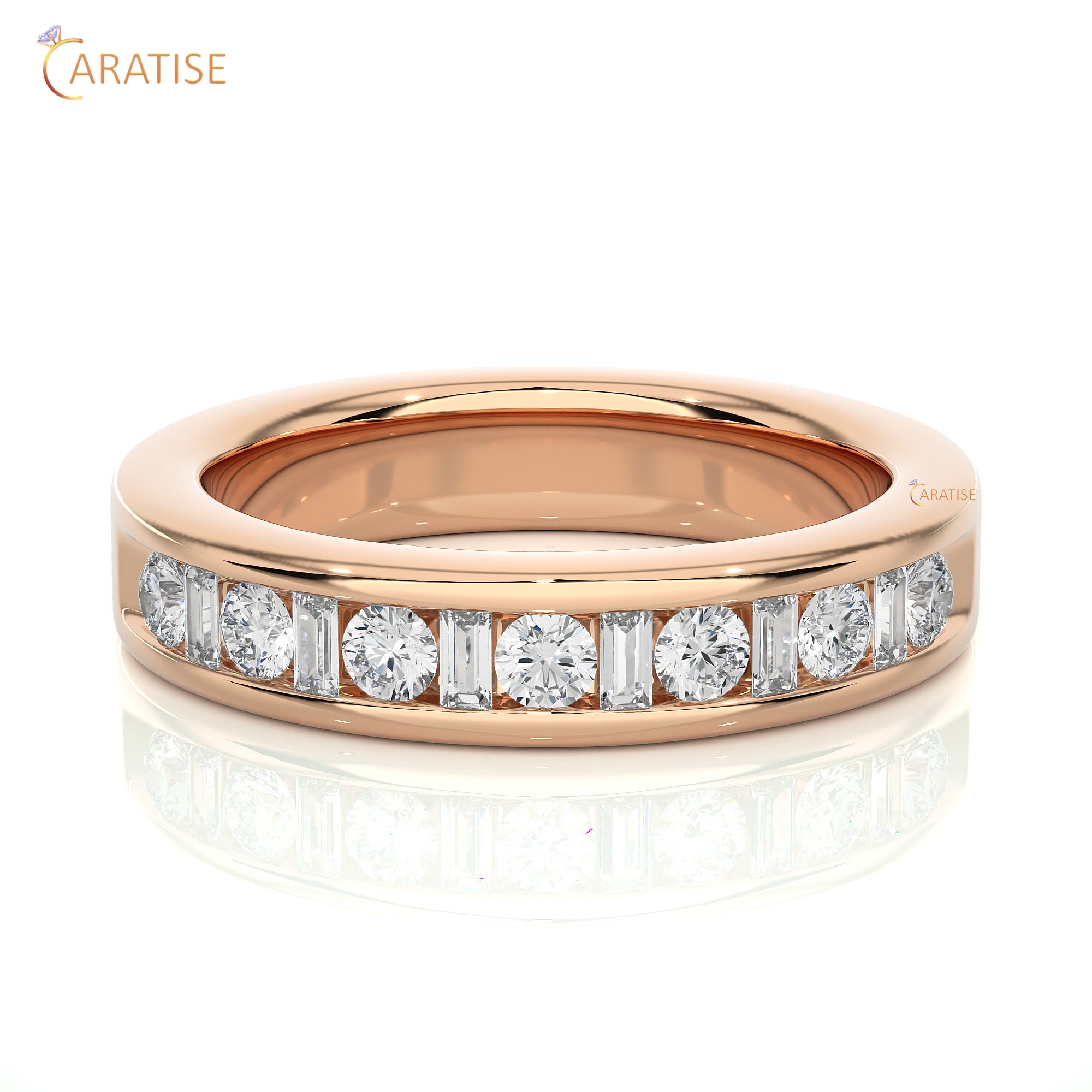 0.52 TDW Round & Baguette cut Moissanite Diamond Band Ring 925 Silver