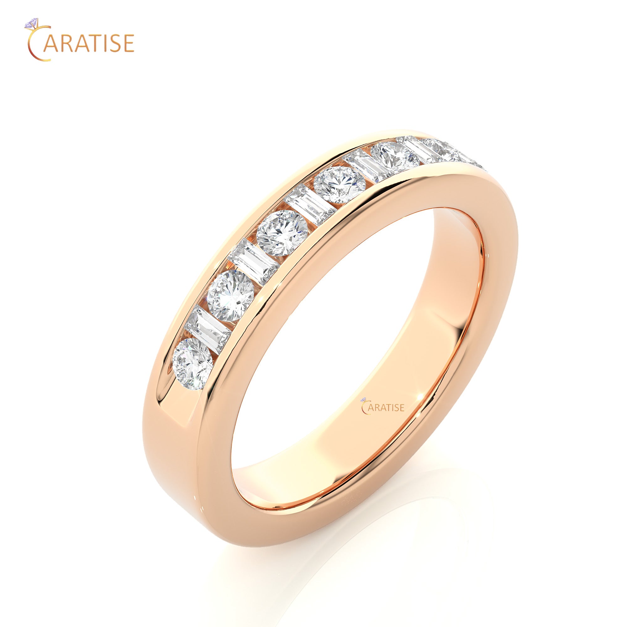 0.52 TDW Round & Baguette cut Moissanite Diamond Band Ring 925 Silver