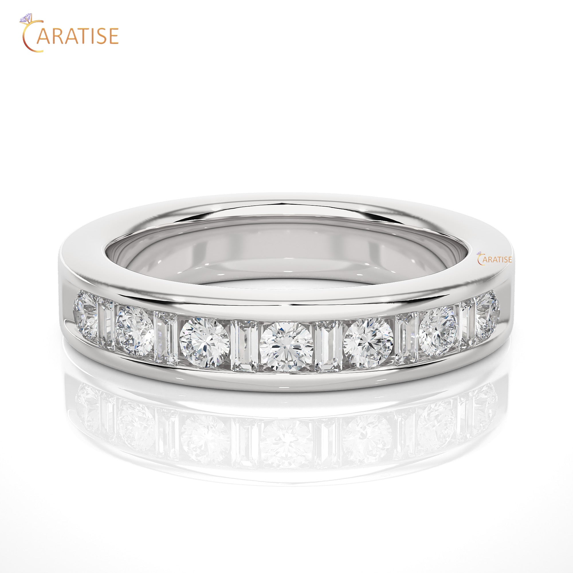 0.52 TDW Round & Baguette cut Moissanite Diamond Band Ring 925 Silver