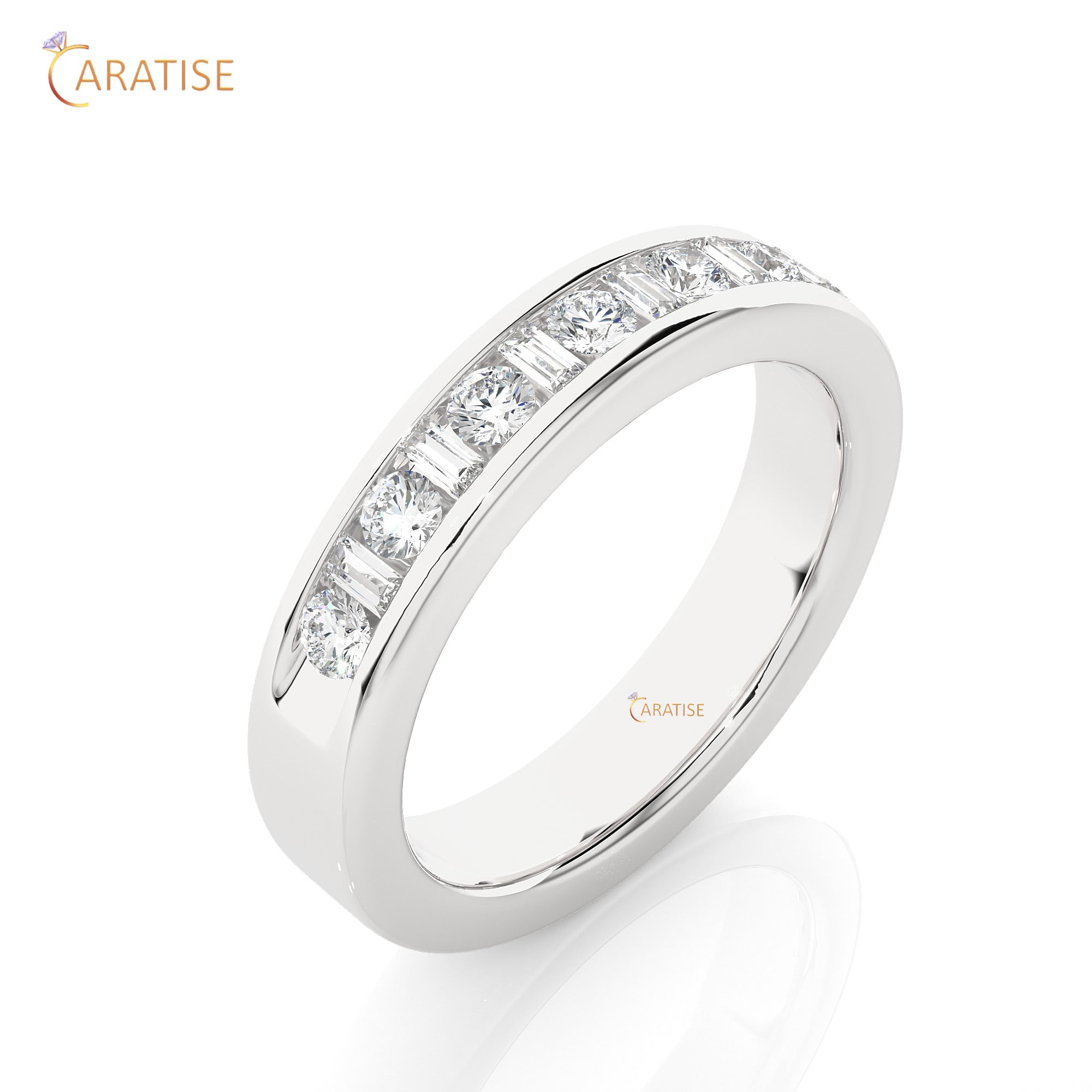 0.52 TDW Round & Baguette cut Moissanite Diamond Band Ring 925 Silver