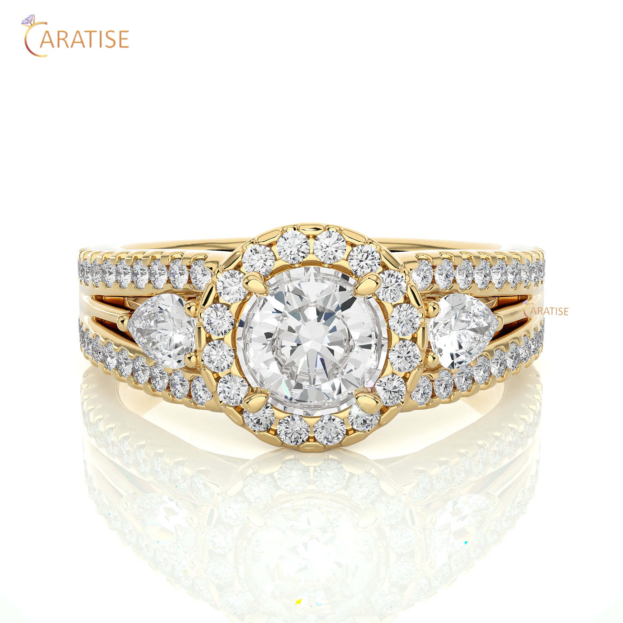 1.43 TDW Round & Pear Cut Halo Moissanite Diamond Ring 925 Silver