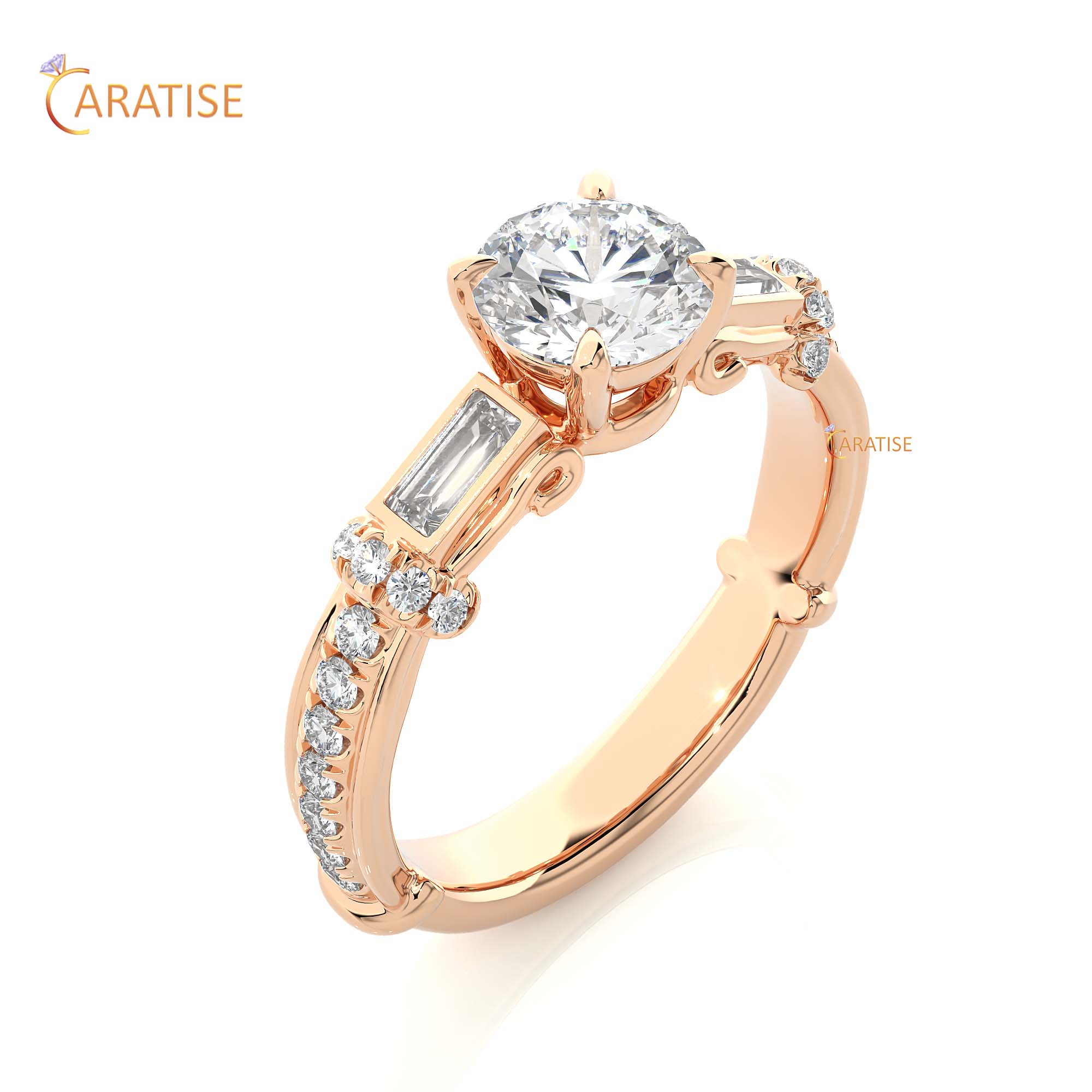 1.50 TDW Round & Baguette Cut Engagement Moissanite Diamond Ring 925 Silver