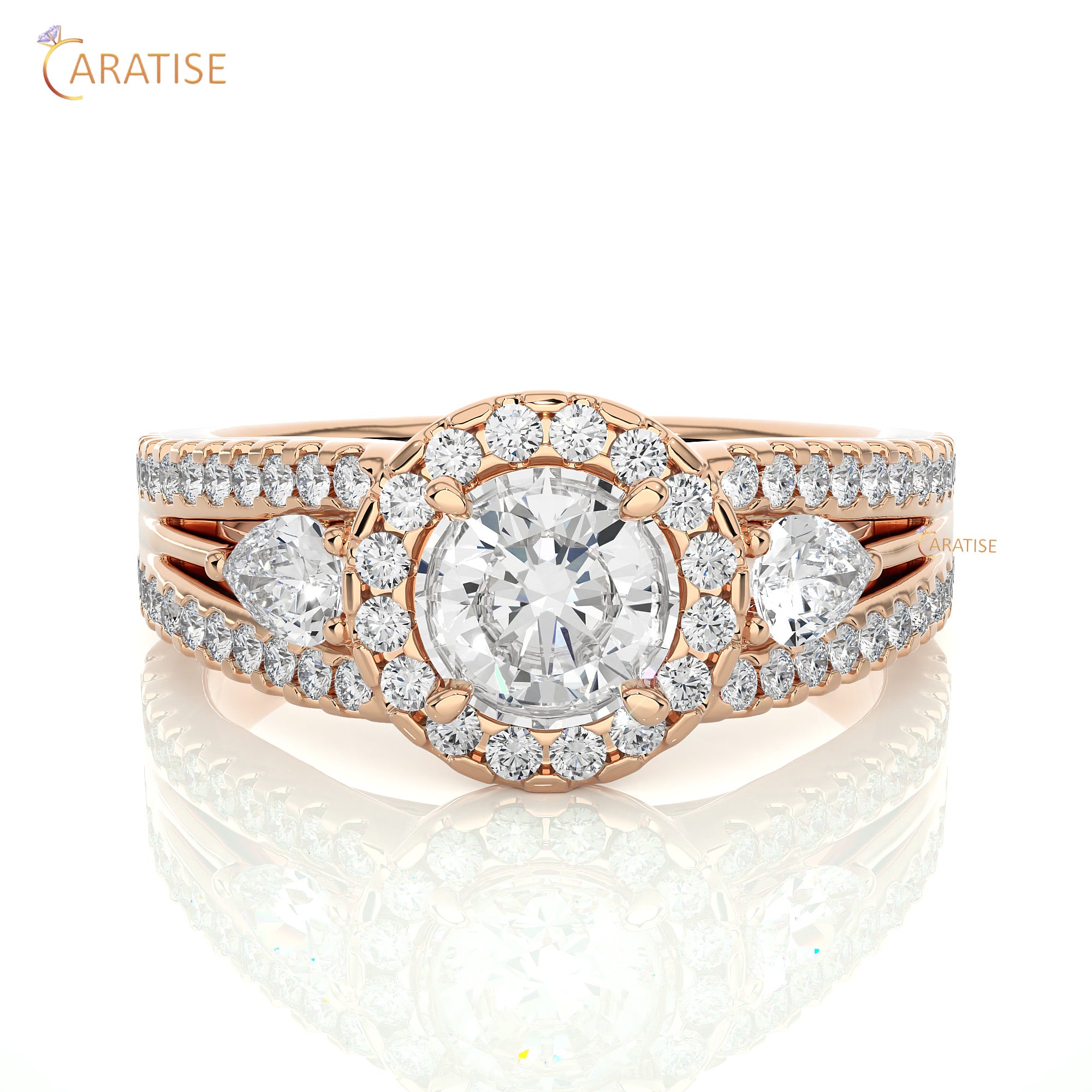 1.43 TDW Round & Pear Cut Halo Moissanite Diamond Ring 925 Silver