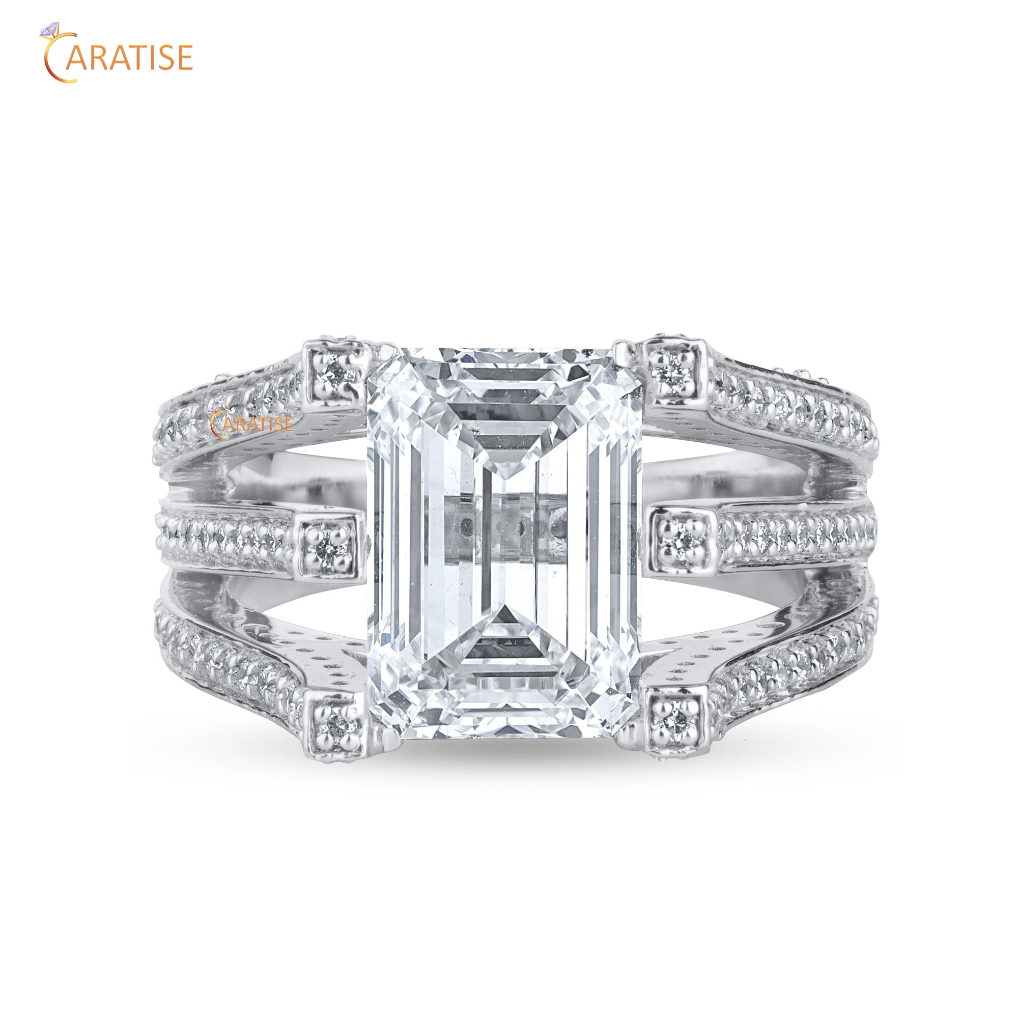 4.26 TDW Round & Emerald Cut Moissanite Diamond Engagement Ring 925 Silver