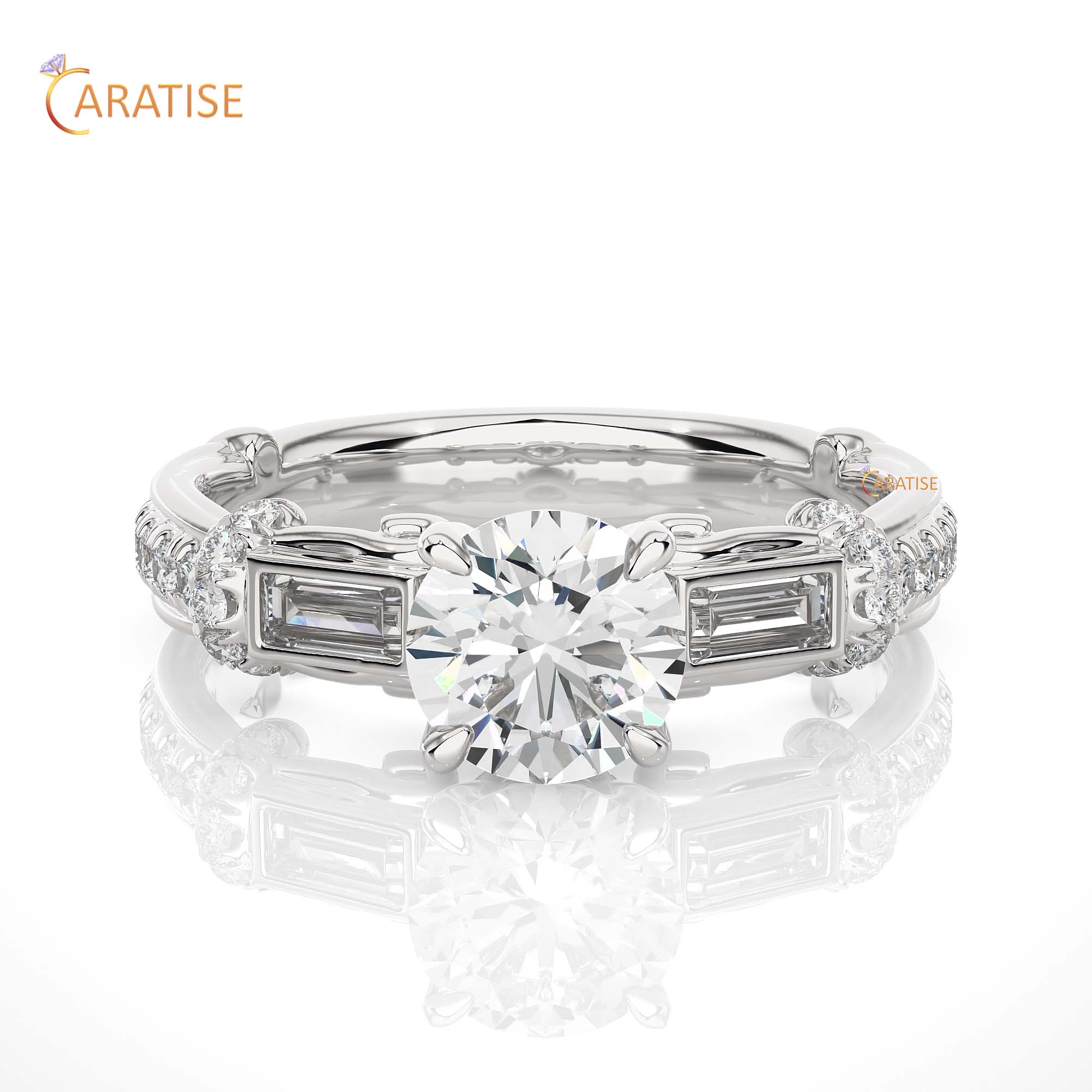 1.50 TDW Round & Baguette Cut Engagement Moissanite Diamond Ring 925 Silver