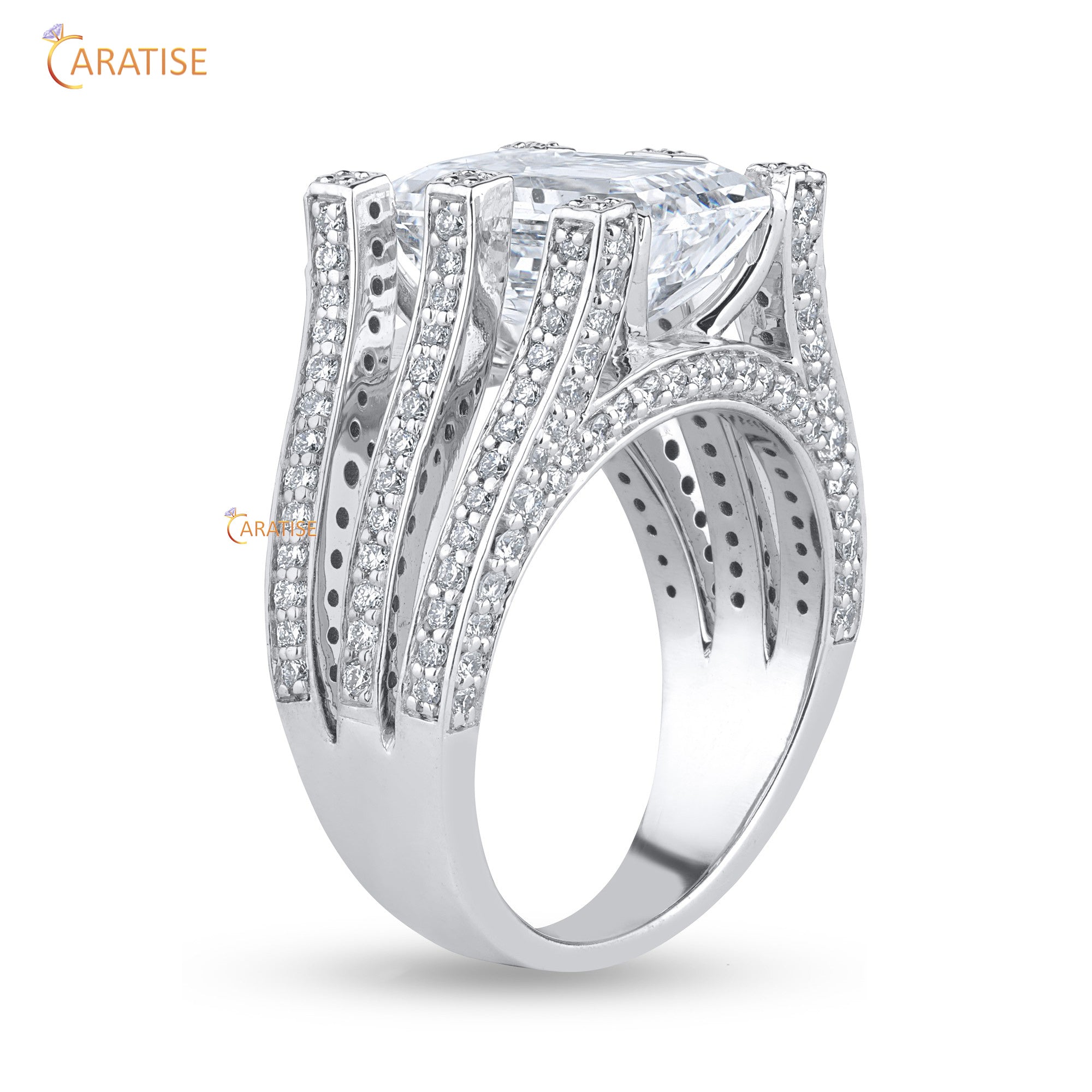 4.26 TDW Round & Emerald Cut Moissanite Diamond Engagement Ring 925 Silver