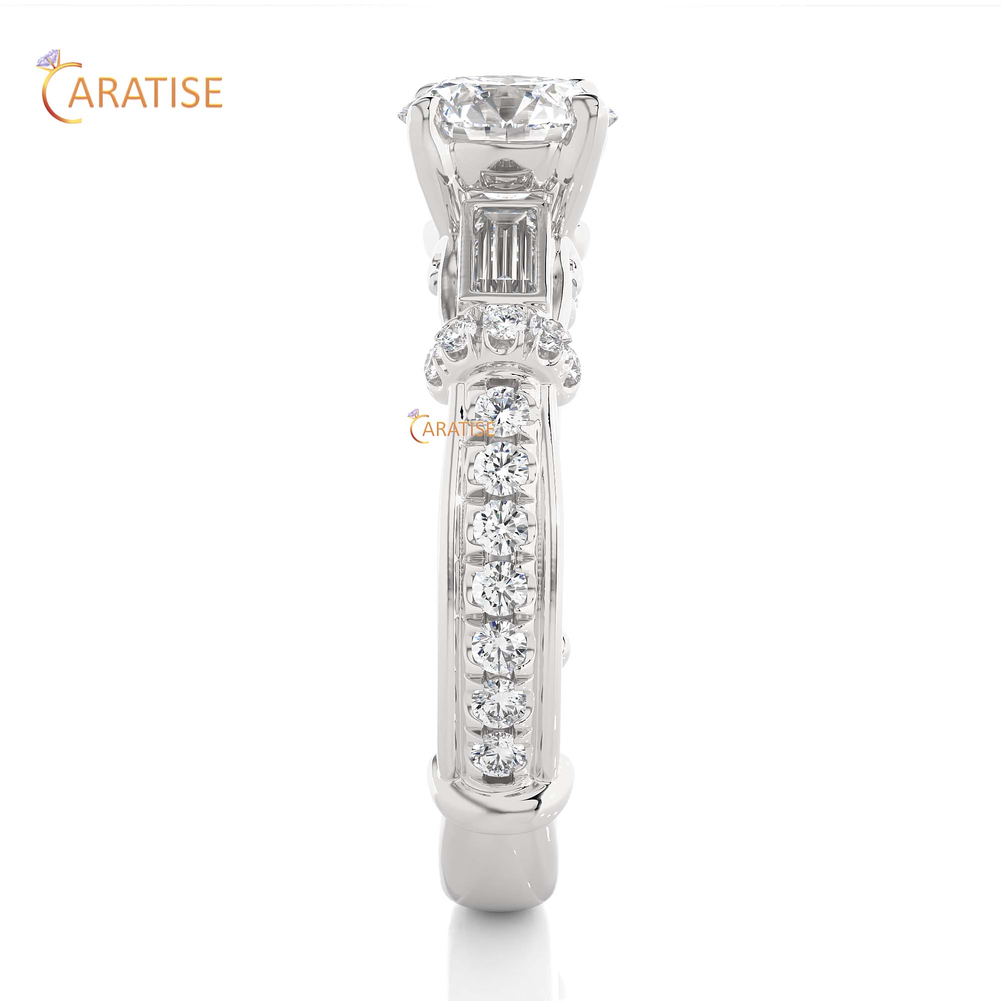 1.50 TDW Round & Baguette Cut Engagement Moissanite Diamond Ring 925 Silver