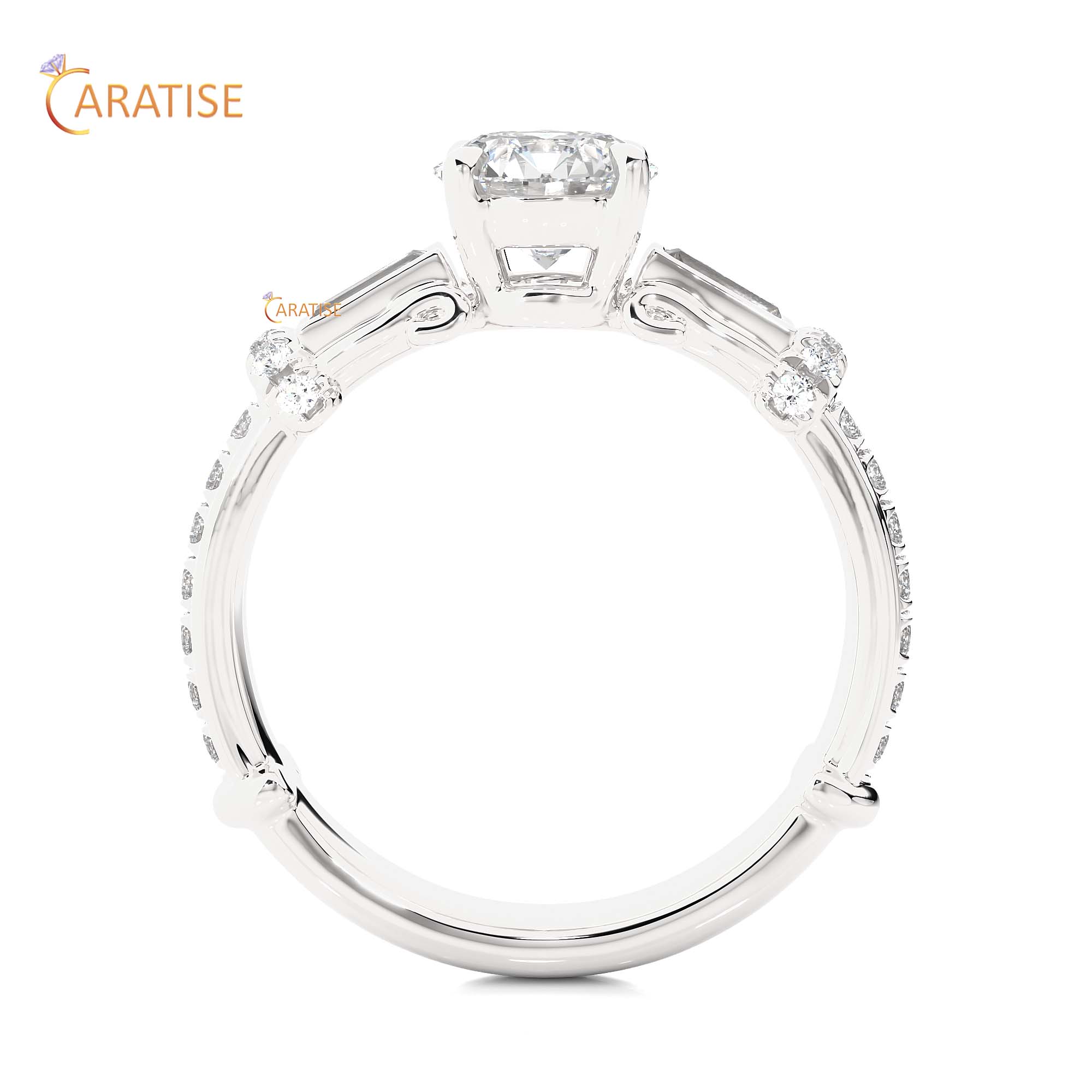 1.50 TDW Round & Baguette Cut Engagement Moissanite Diamond Ring 925 Silver