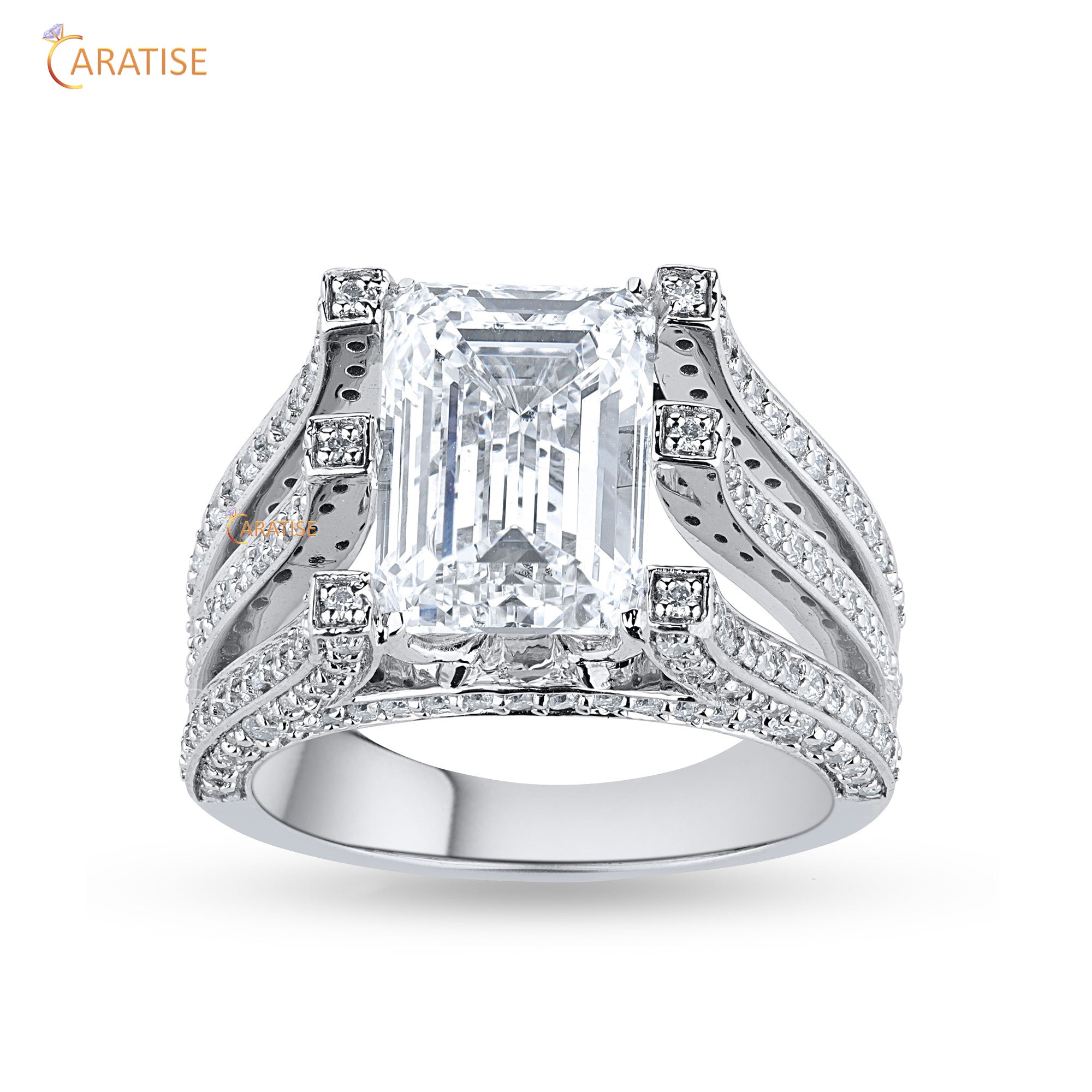 4.26 TDW Round & Emerald Cut Moissanite Diamond Engagement Ring 925 Silver