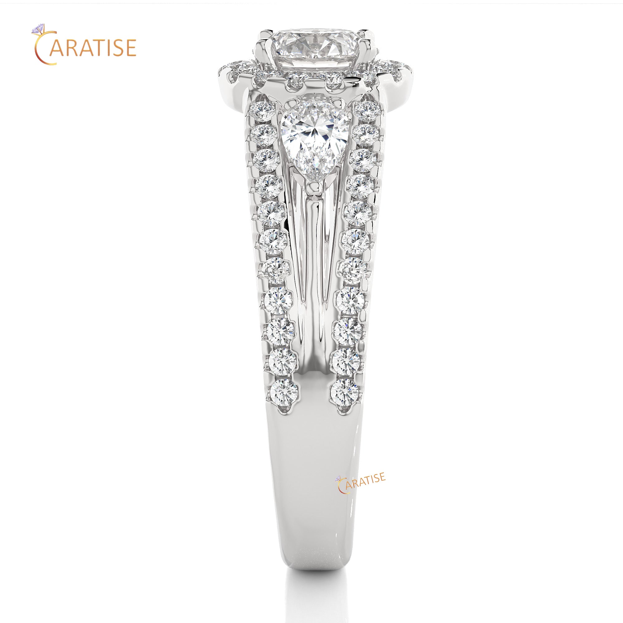 1.43 TDW Round & Pear Cut Halo Moissanite Diamond Ring 925 Silver