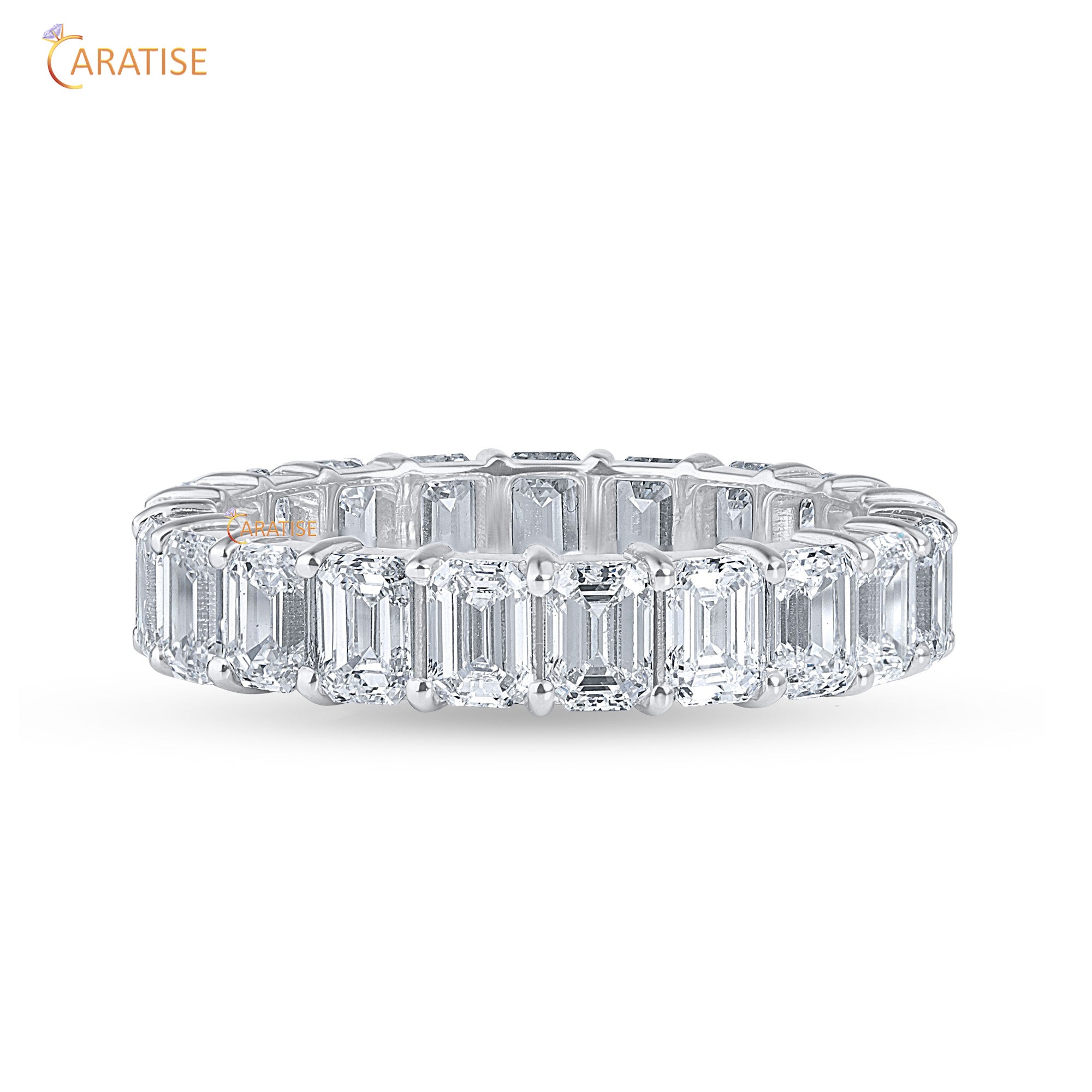 3.74 TDW Emerald Cut Mossiante Diamond Eternity Band 925 Silver