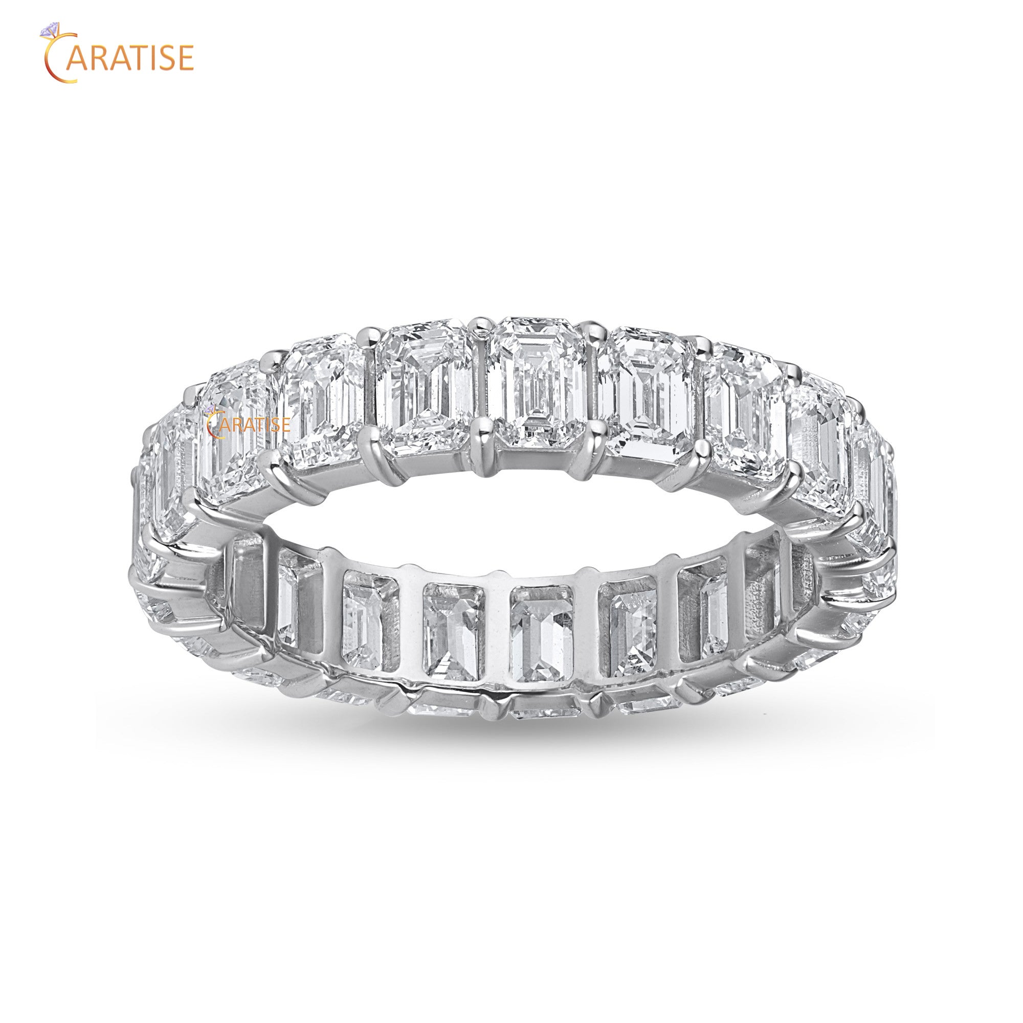 3.74 TDW Emerald Cut Mossiante Diamond Eternity Band 925 Silver