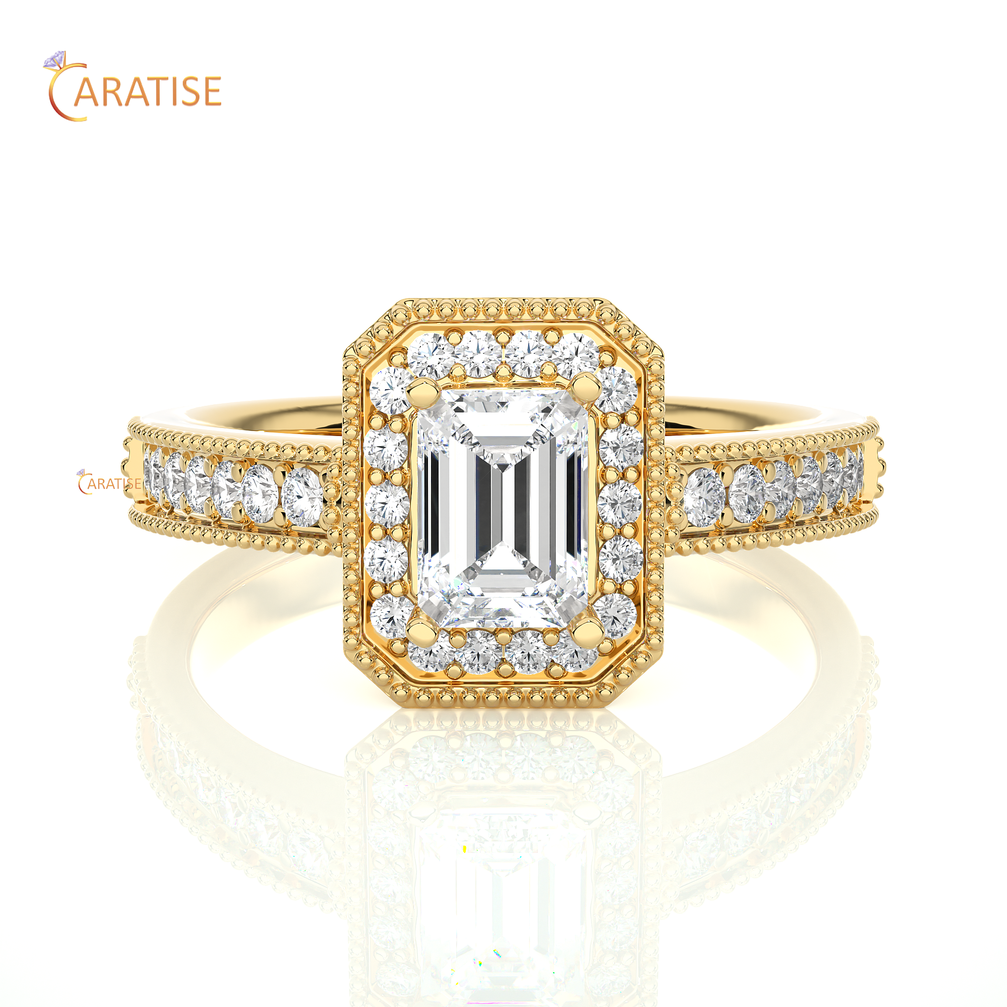 1.07 TDW Round & Emerald Cut Halo Moissanite Diamond Ring 925 Silver