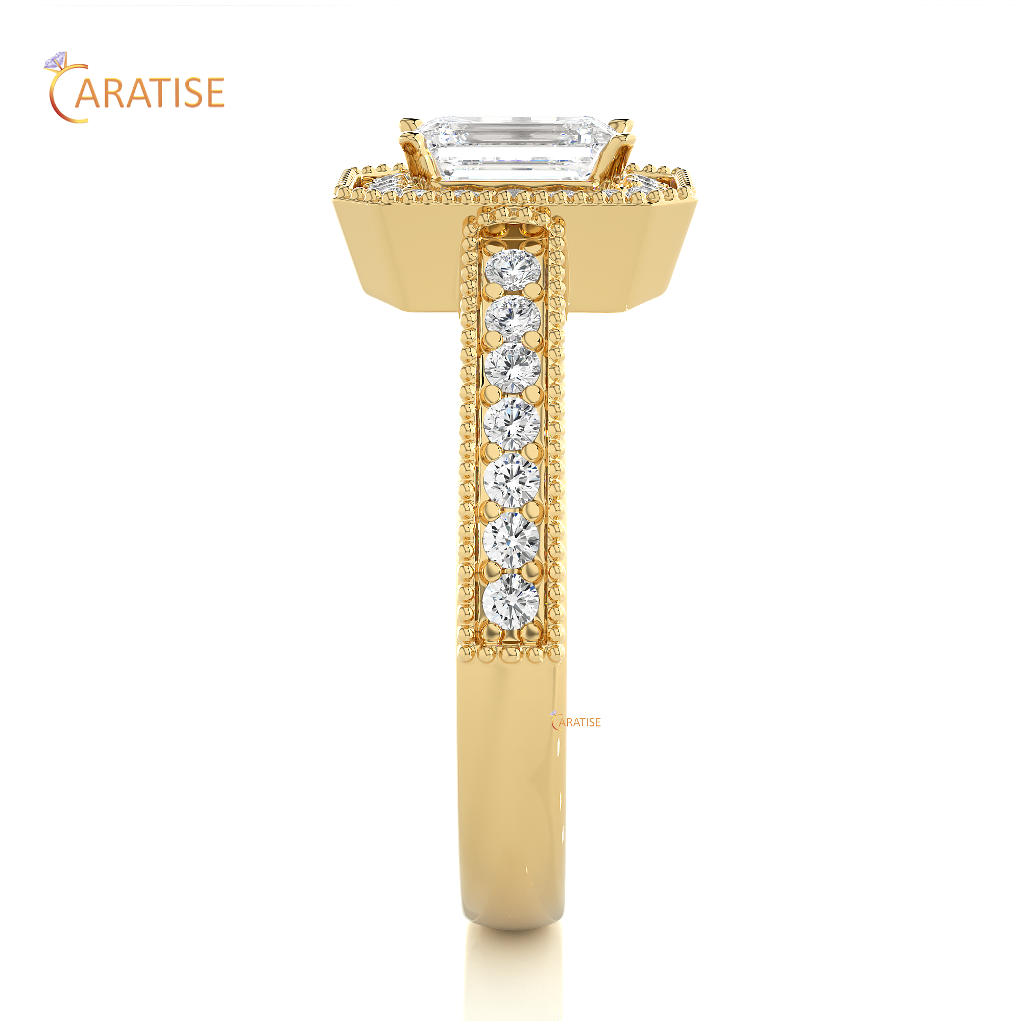 1.07 TDW Round & Emerald Cut Halo Moissanite Diamond Ring 925 Silver