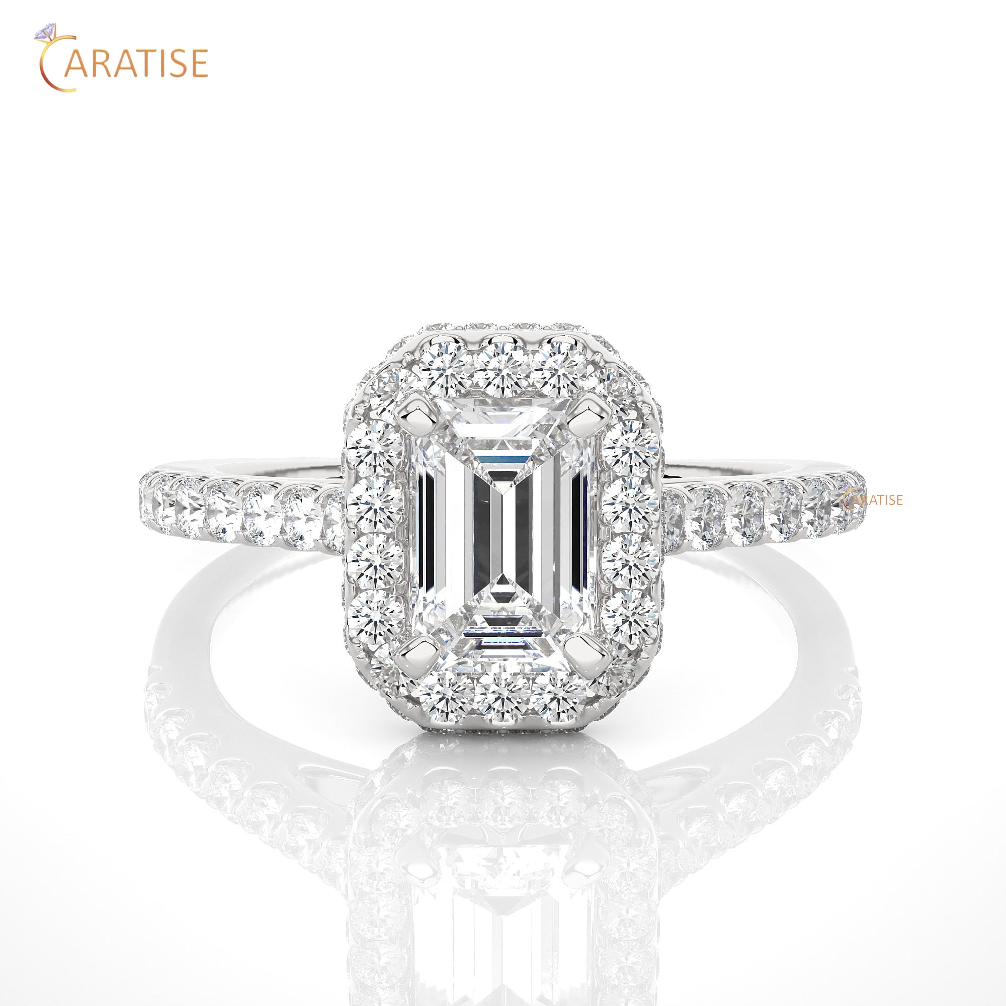 1.44 TDW Round & Emerald Cut Moissanite Diamond Halo Ring 925 Silver