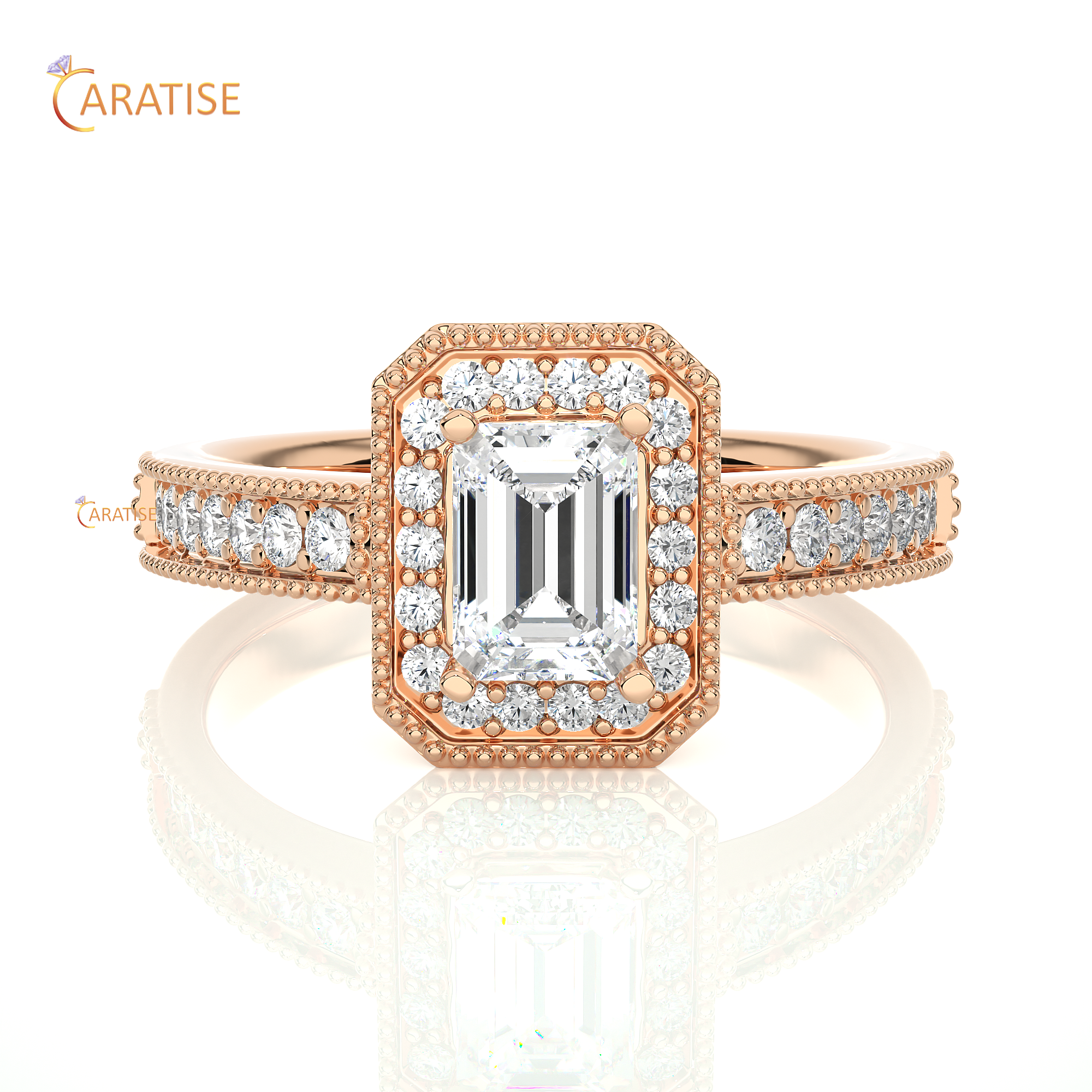 1.07 TDW Round & Emerald Cut Halo Moissanite Diamond Ring 925 Silver