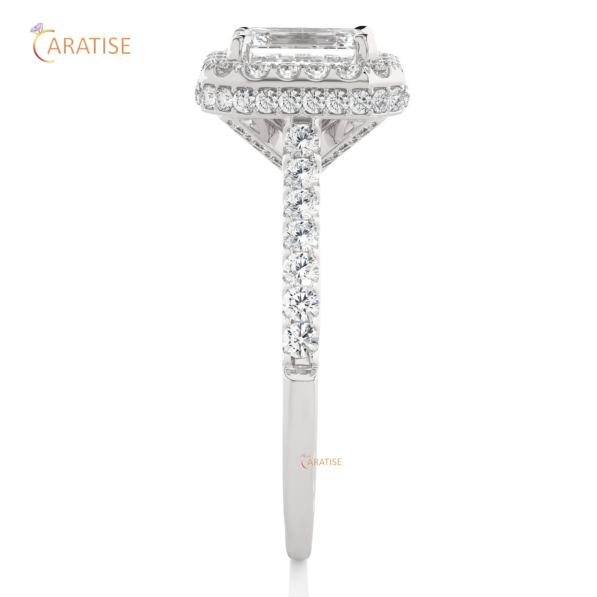 1.44 TDW Round & Emerald Cut Moissanite Diamond Halo Ring 925 Silver