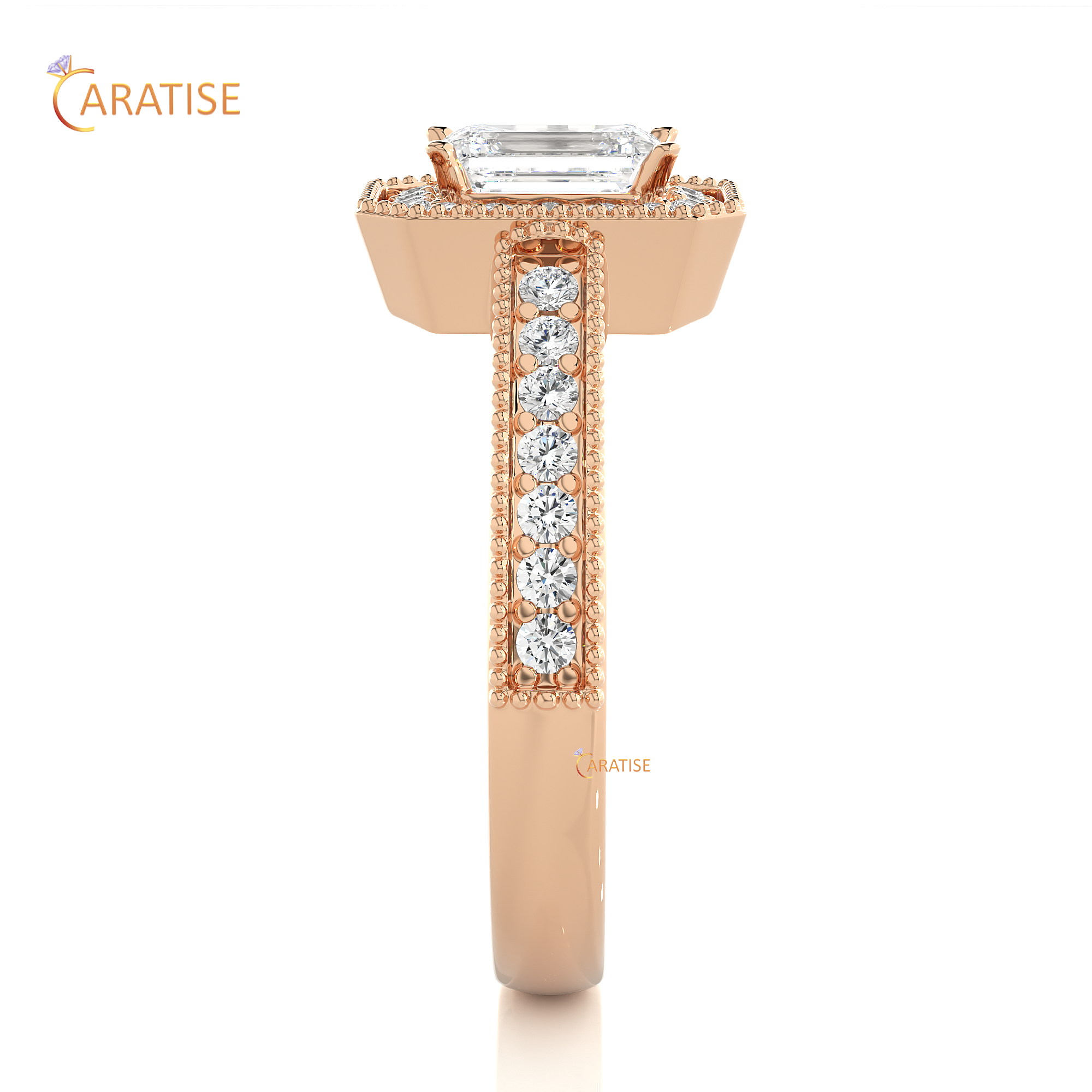 1.07 TDW Round & Emerald Cut Halo Moissanite Diamond Ring 925 Silver