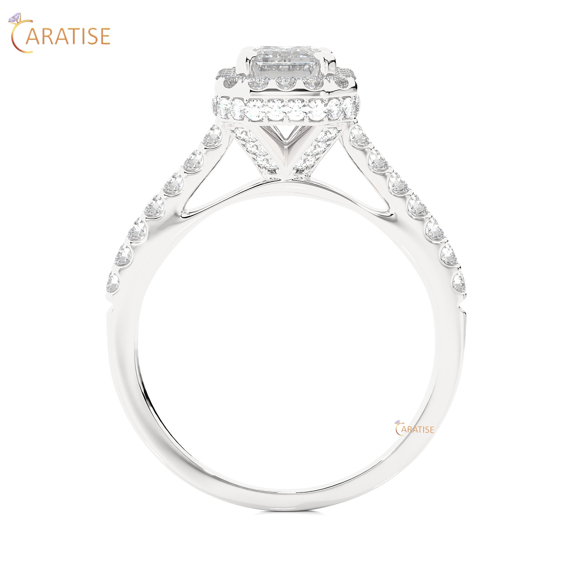 1.44 TDW Round & Emerald Cut Moissanite Diamond Halo Ring 925 Silver