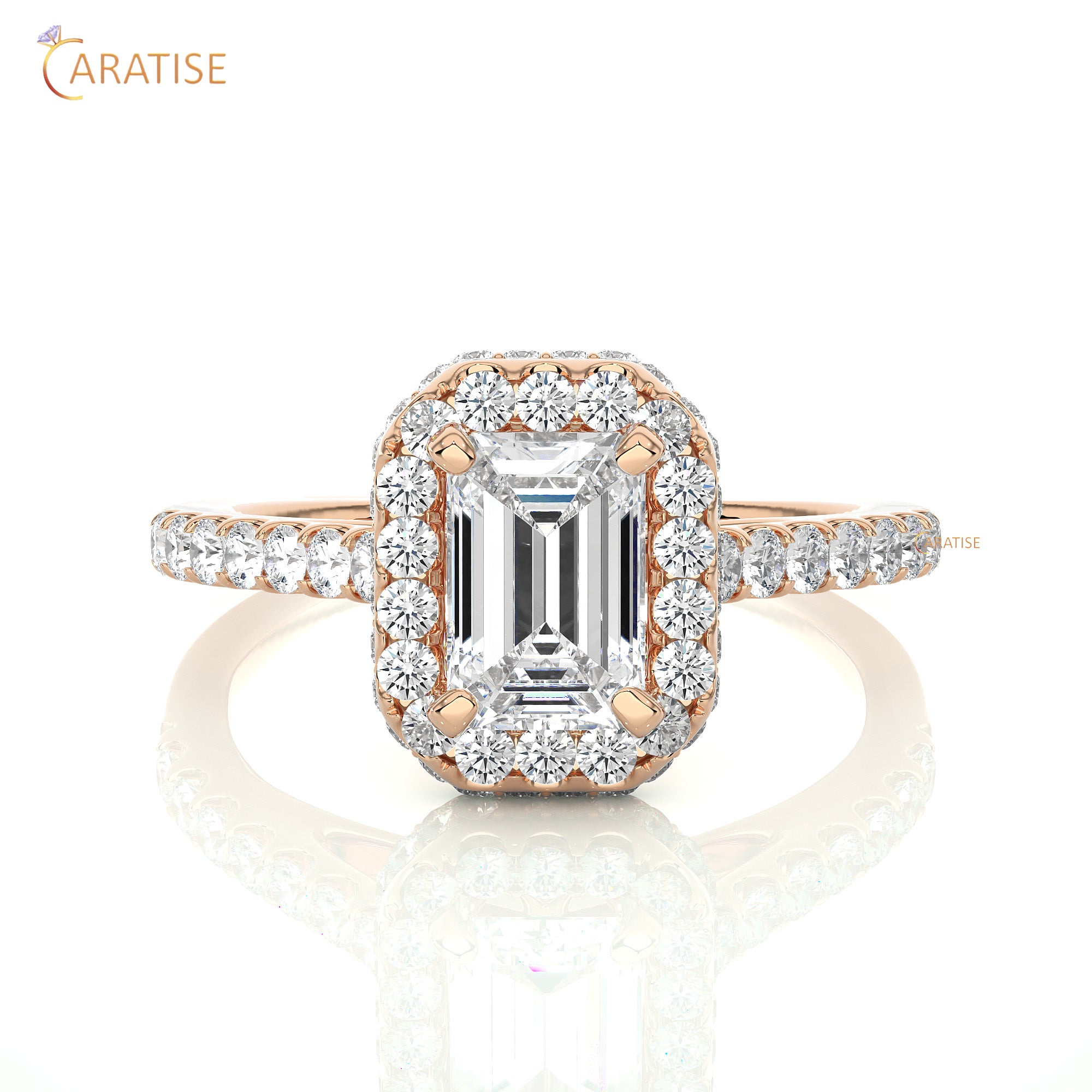 1.44 TDW Round & Emerald Cut Moissanite Diamond Halo Ring 925 Silver