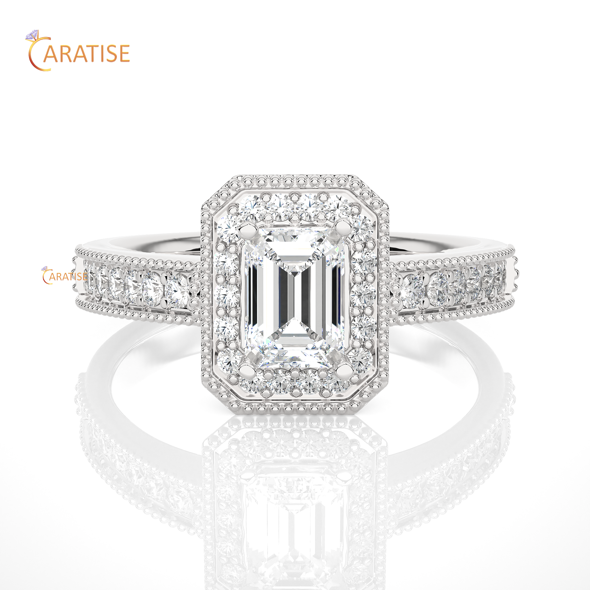 1.07 TDW Round & Emerald Cut Halo Moissanite Diamond Ring 925 Silver