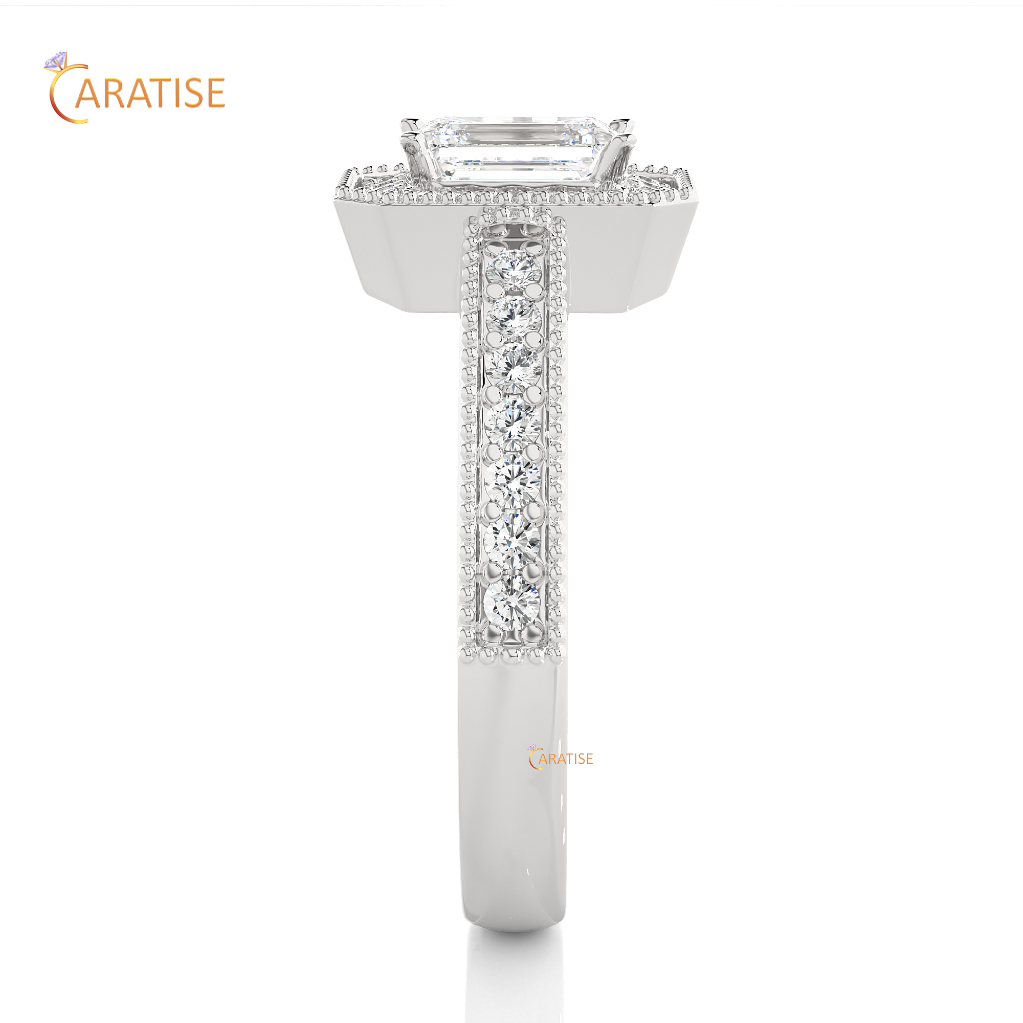 1.07 TDW Round & Emerald Cut Halo Moissanite Diamond Ring 925 Silver