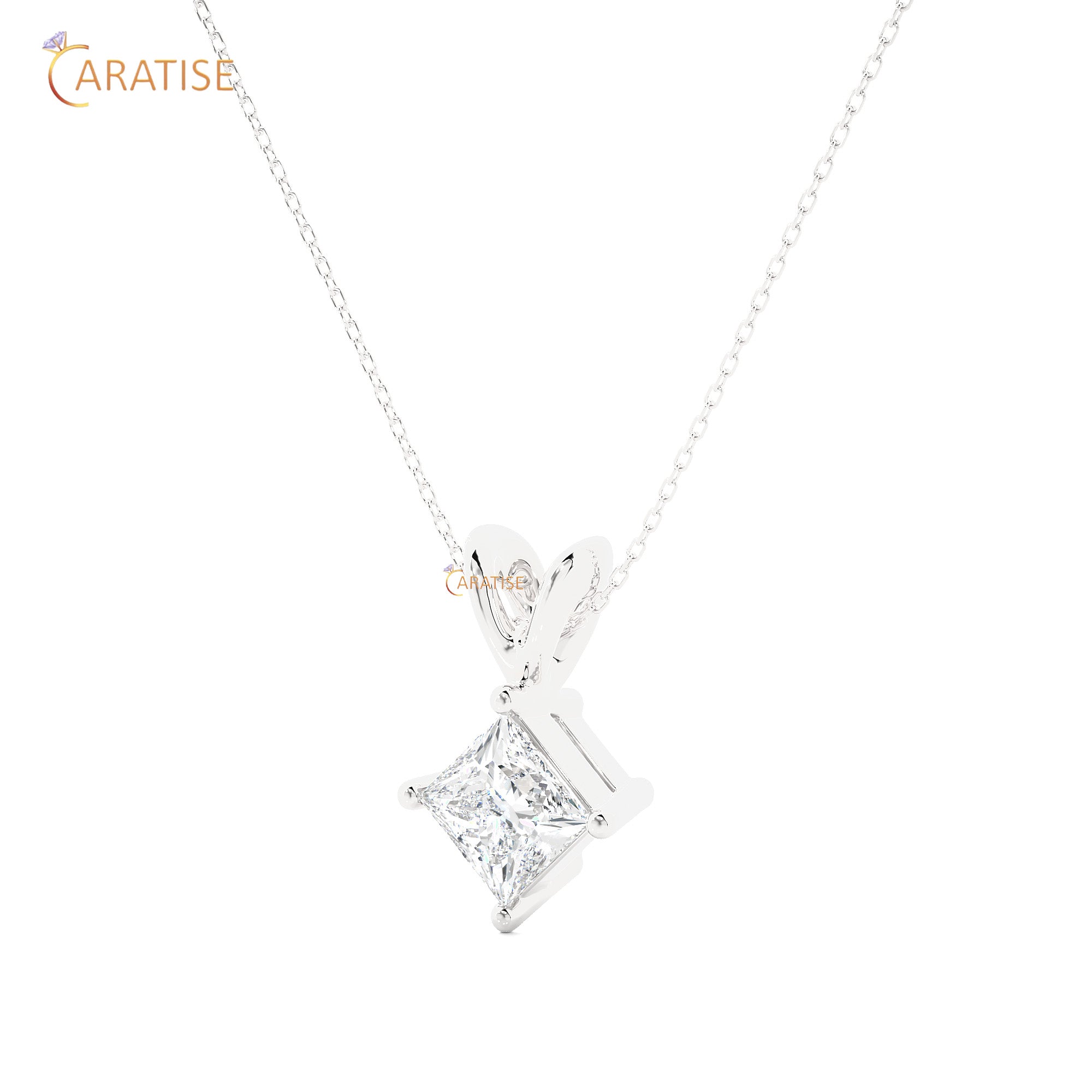 0.50 TDW Princess Cut Moissanite Diamond Solitaire Pendant With Chain 925 Silver
