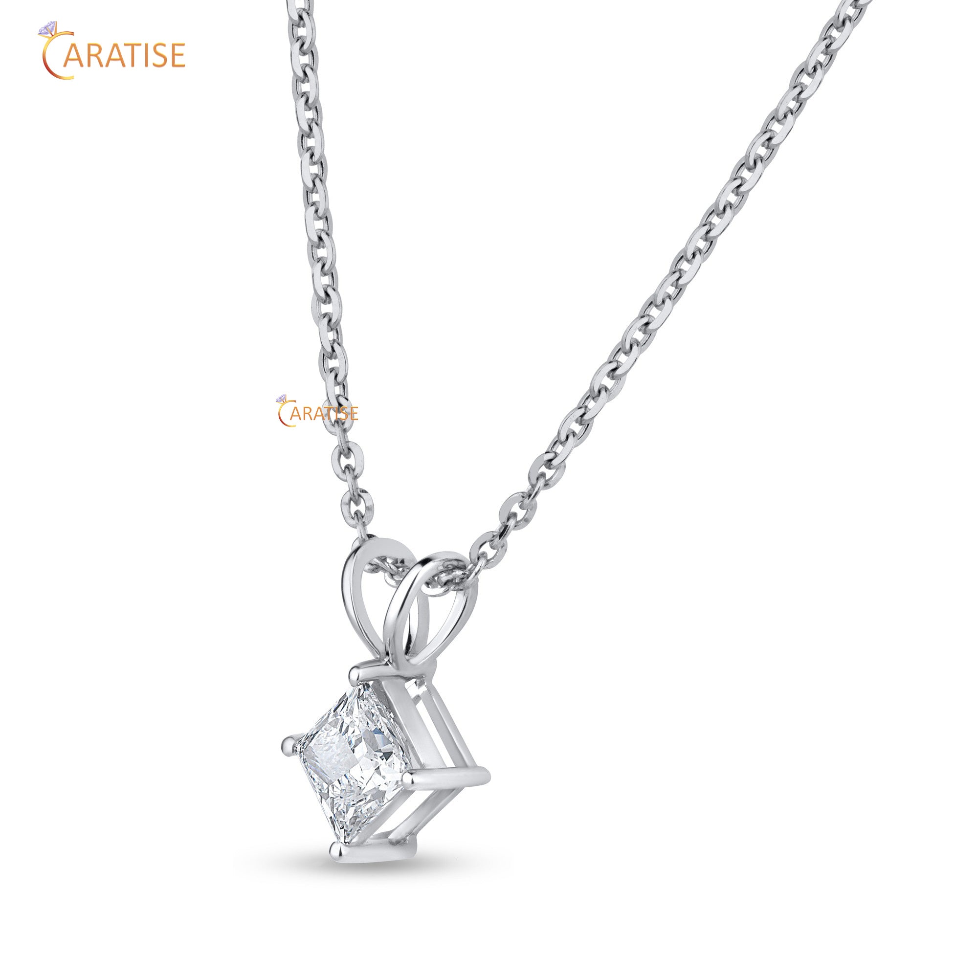 1.00 TDW Princess Cut Moissanite Diamond Solitaire Pendant With Chain 925 Silver