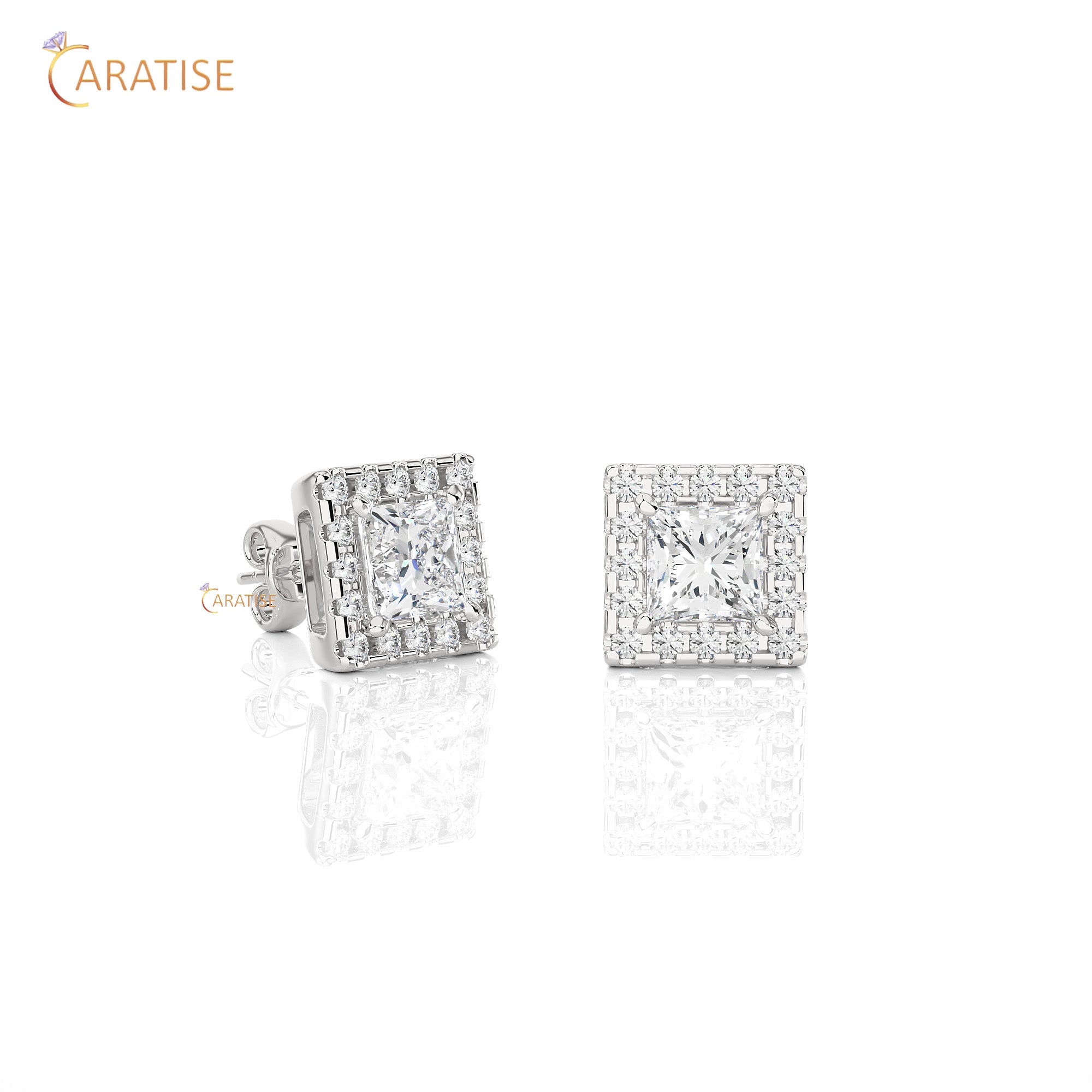 1.54 TDW Round & Princess Cut Moissanite Diamond Stud Earring 925 Silver