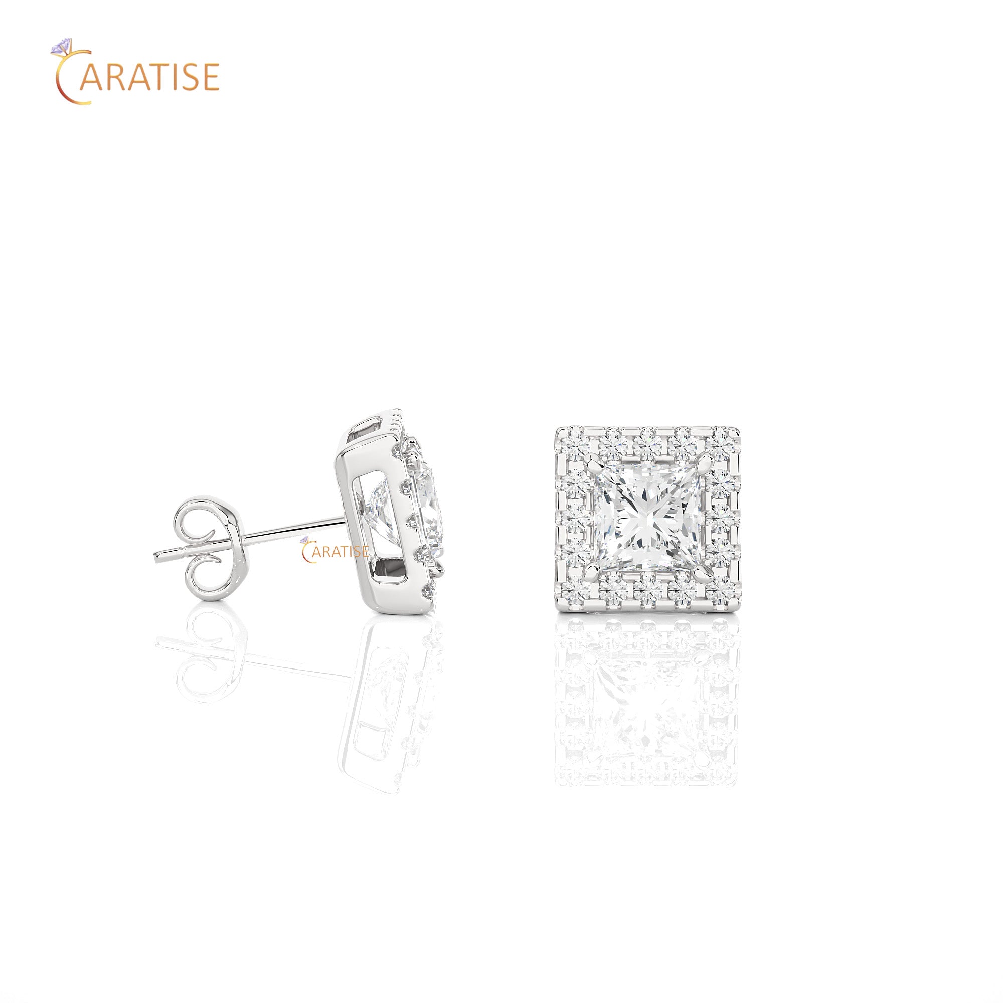 1.54 TDW Round & Princess Cut Moissanite Diamond Stud Earring 925 Silver