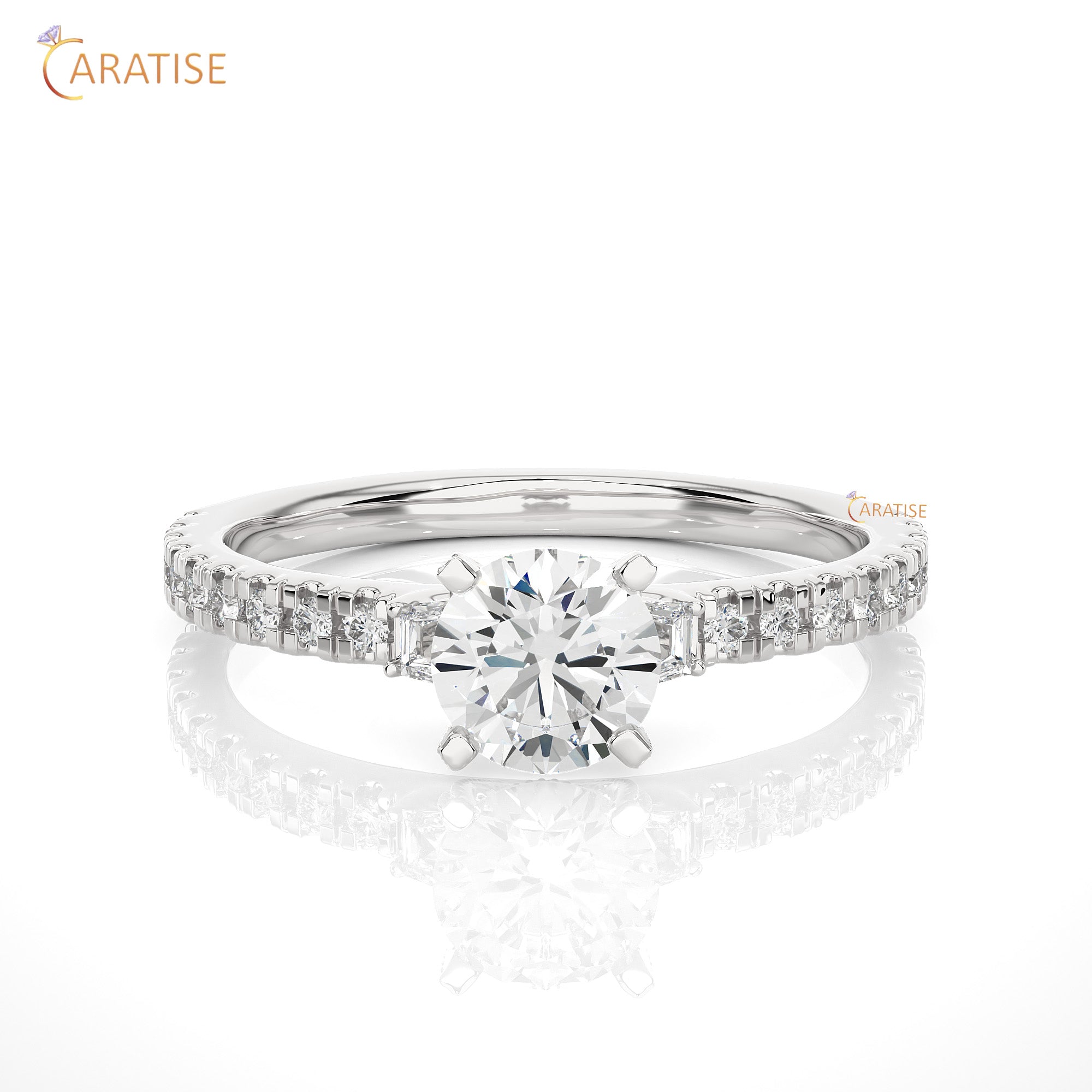 0.97 TDW Round & Baguette Cut Engagement Moissanite Diamond Ring 925 Silver