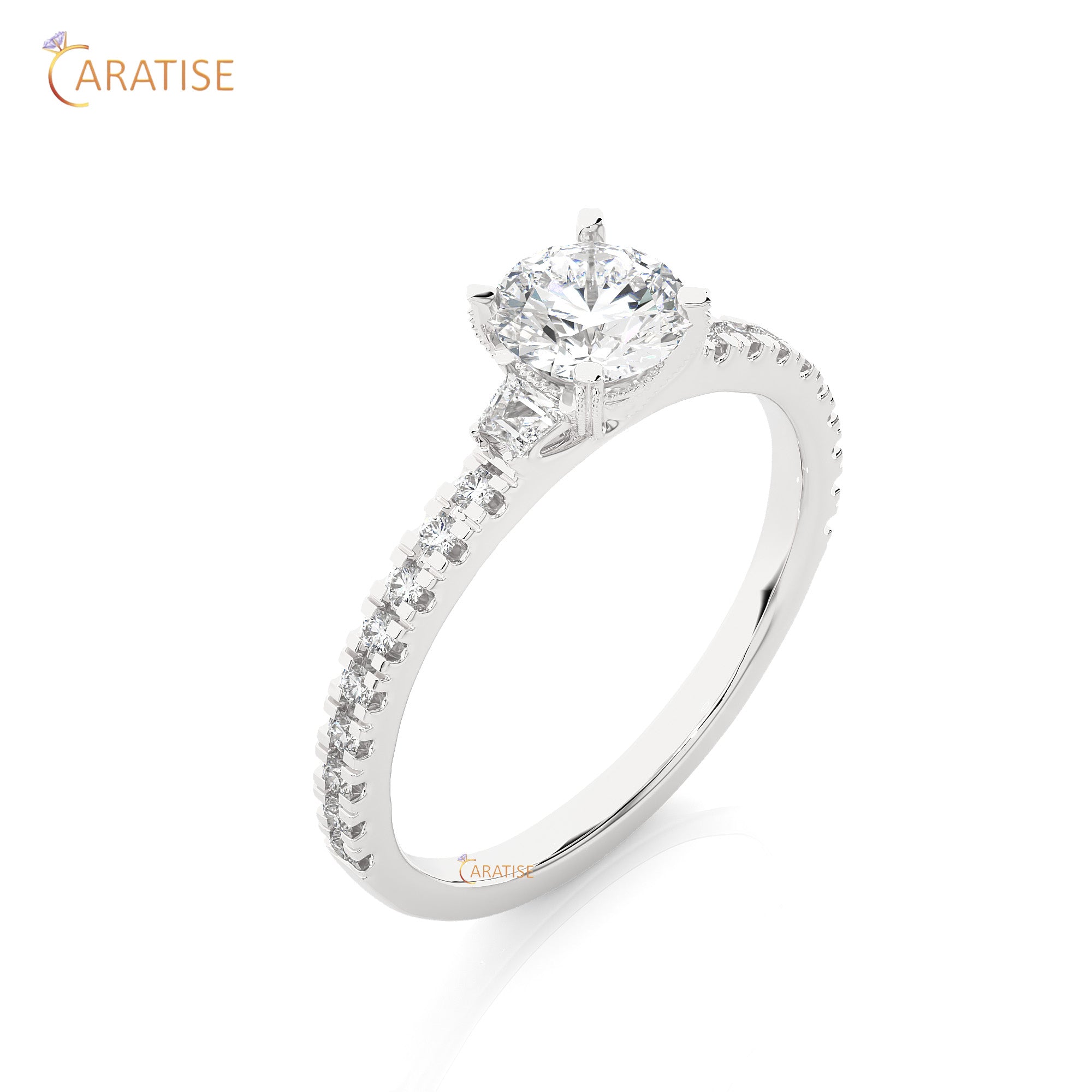 0.97 TDW Round & Baguette Cut Engagement Moissanite Diamond Ring 925 Silver