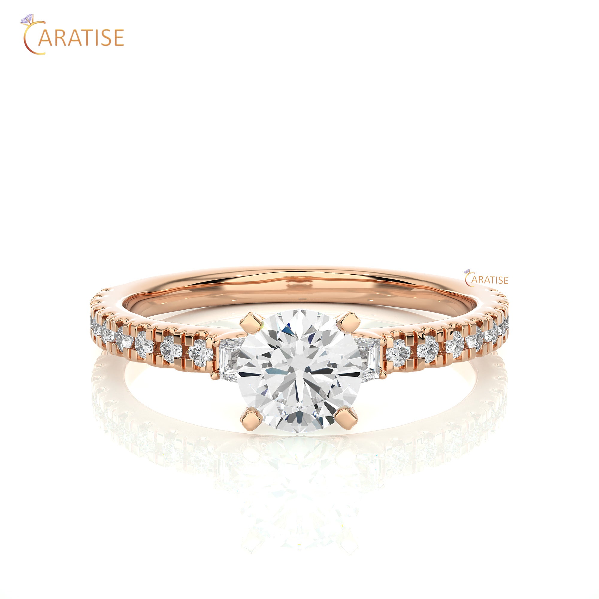 0.97 TDW Round & Baguette Cut Engagement Moissanite Diamond Ring 925 Silver