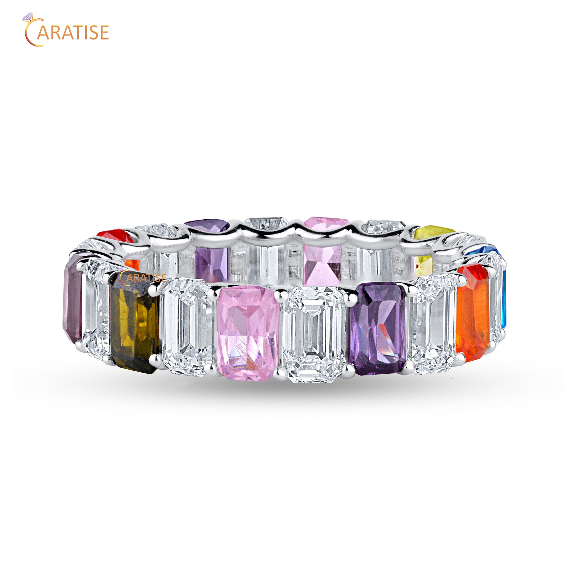 5.37 TDW Emerald Cut Mossiante Diamond Eternity Band 925 Silver